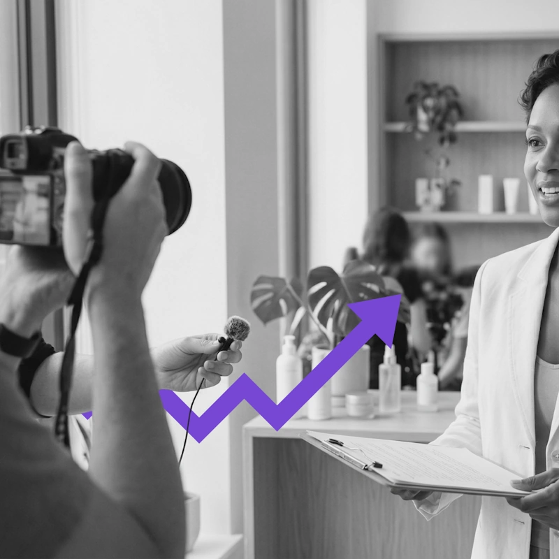 Skincare brand founder being interviewed on camera, highlighting media relations and brand visibility challenges in aesthetics PR