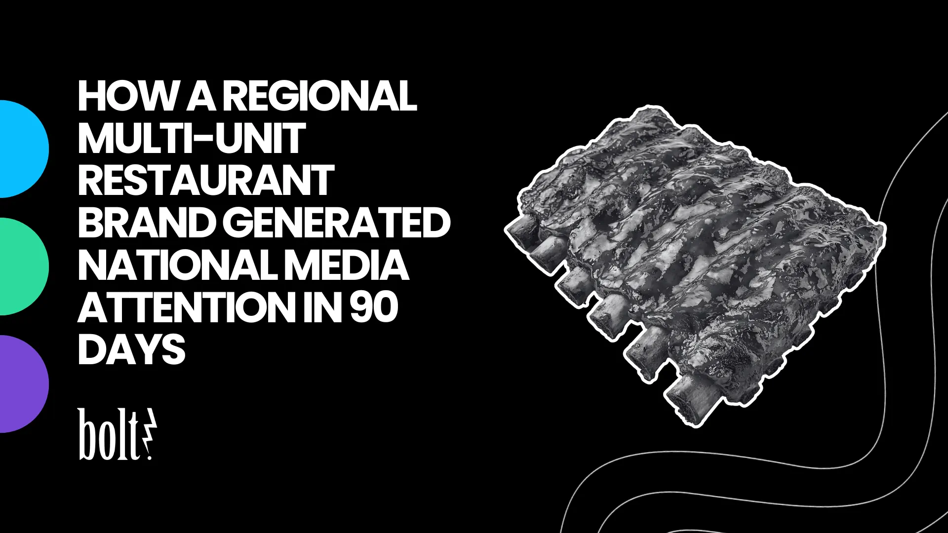 Title graphic reading How a Regional Multi-Unit Restaurant Brand Generated National Media Attention in 90 Days by Bolt PR, featuring a rack of BBQ ribs.