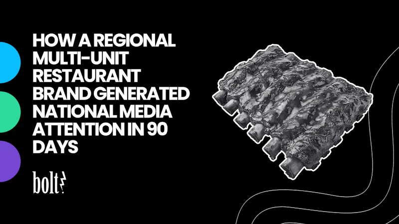 Title graphic reading How a Regional Multi-Unit Restaurant Brand Generated National Media Attention in 90 Days by Bolt PR, featuring a rack of BBQ ribs.