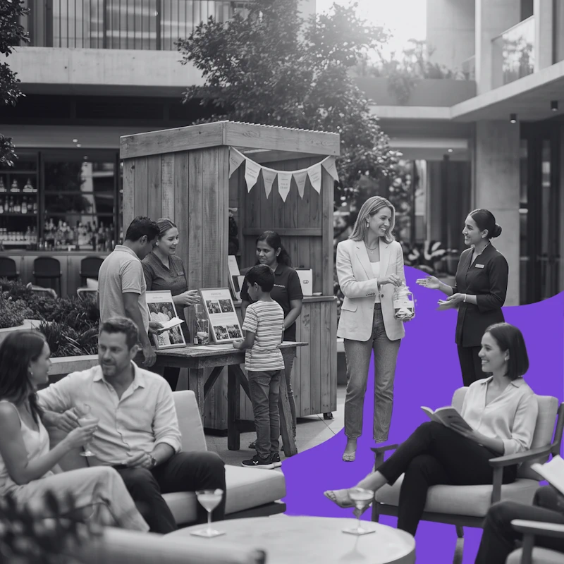 Hotel guests and staff interacting in an outdoor patio lounge during an experiential brand activation event.