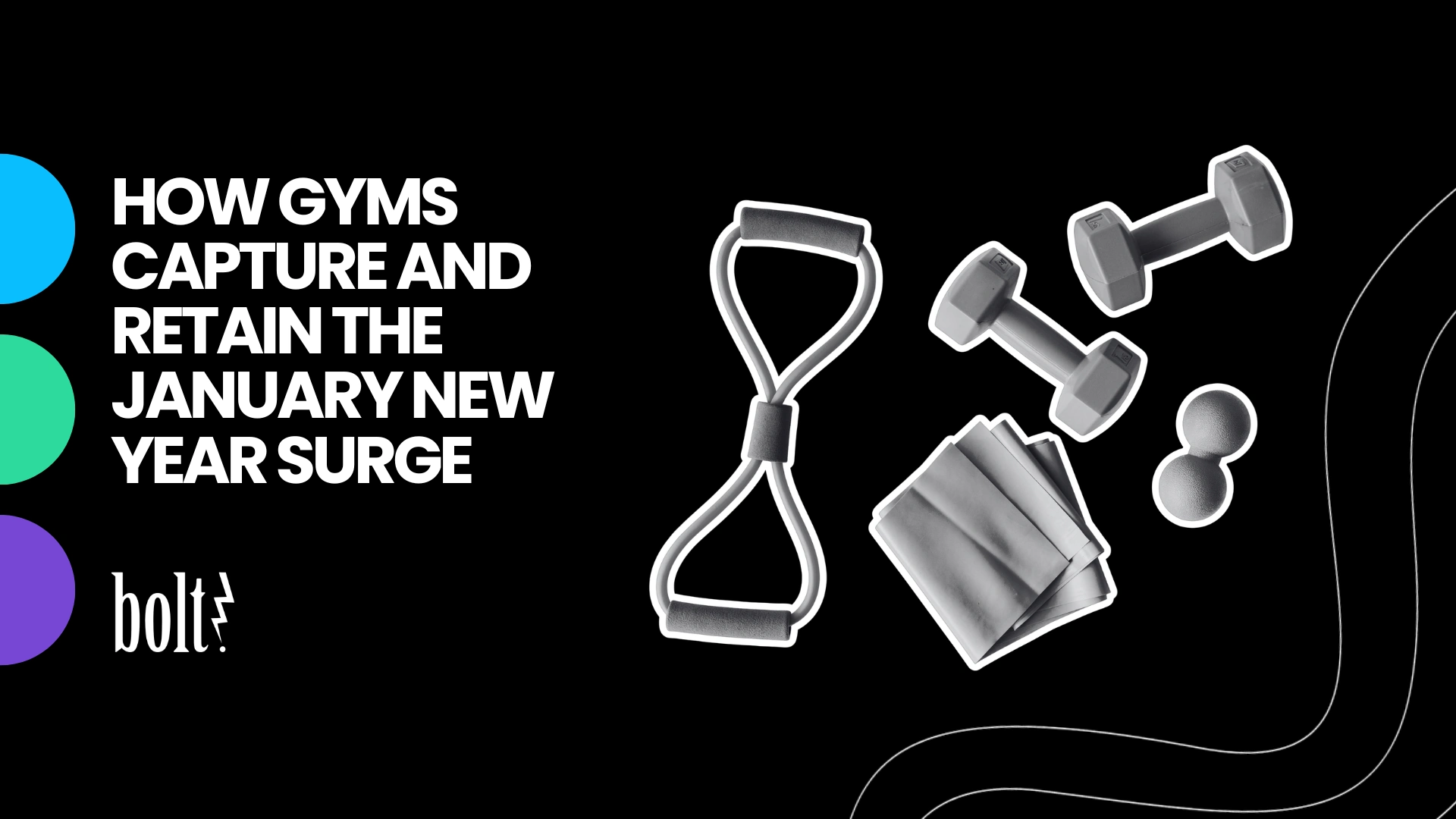 Title graphic reading How Gyms Capture and Retain the January New Year Surge by Bolt PR, featuring workout gear including dumbbells, resistance bands, and a massage roller.