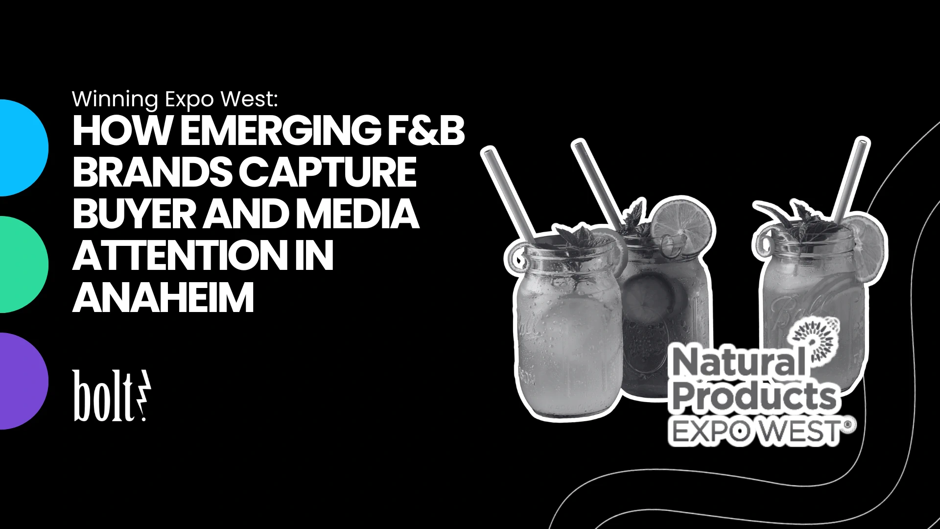 Title graphic reading Winning Expo West: How Emerging F&B Brands Capture Buyer and Media Attention in Anaheim by Bolt PR, featuring natural beverage jars and the Natural Products Expo West logo.
