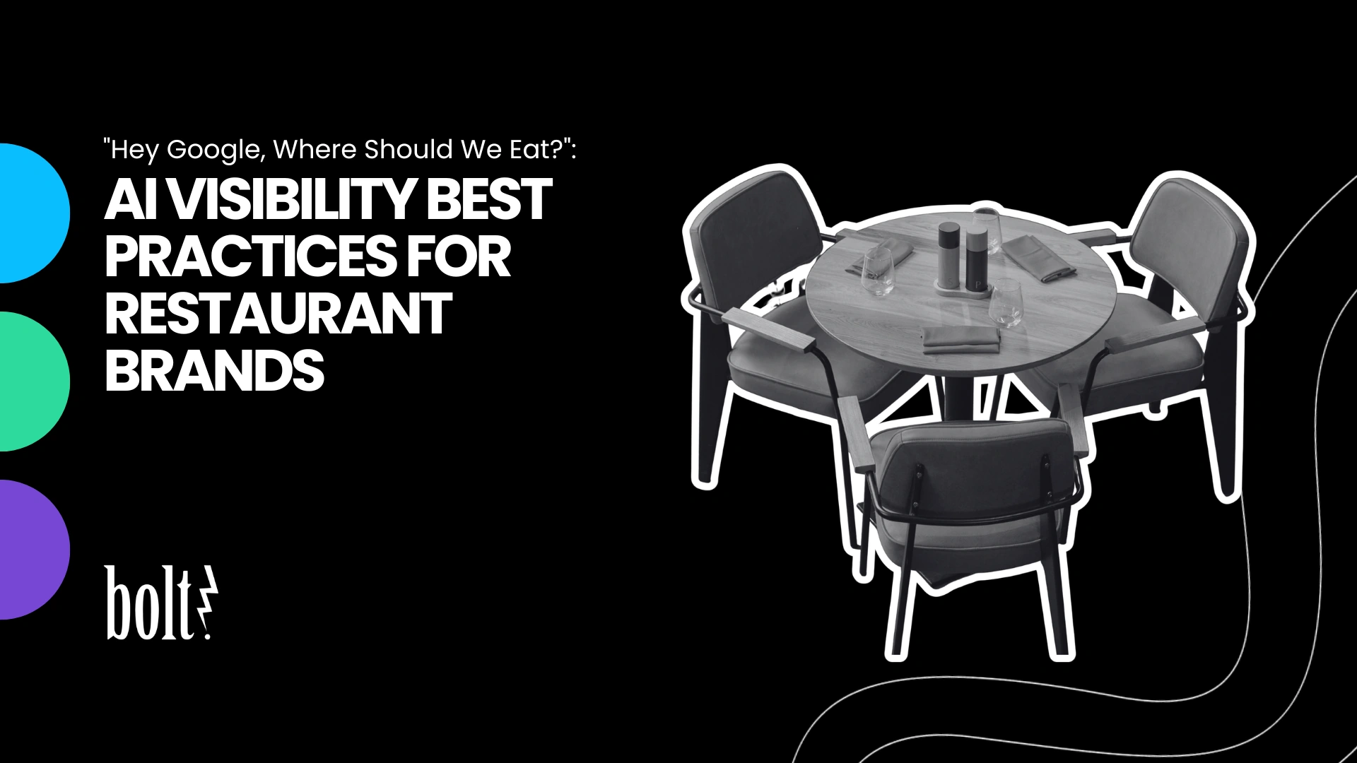 Title graphic reading Hey Google, Where Should We Eat?: AI Visibility Best Practices for Restaurant Brands by Bolt PR, featuring a set dining table with three chairs.