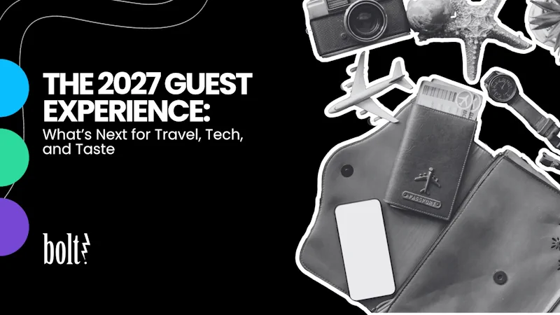 Title graphic reading The 2027 Guest Experience: What's Next for Travel, Tech, and Taste by Bolt PR, featuring travel gear including a passport, smartphone, model airplane, camera, and leather bag.