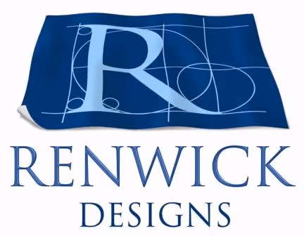 Renwick Designs logo with a large R on a blueprint background above the company name.