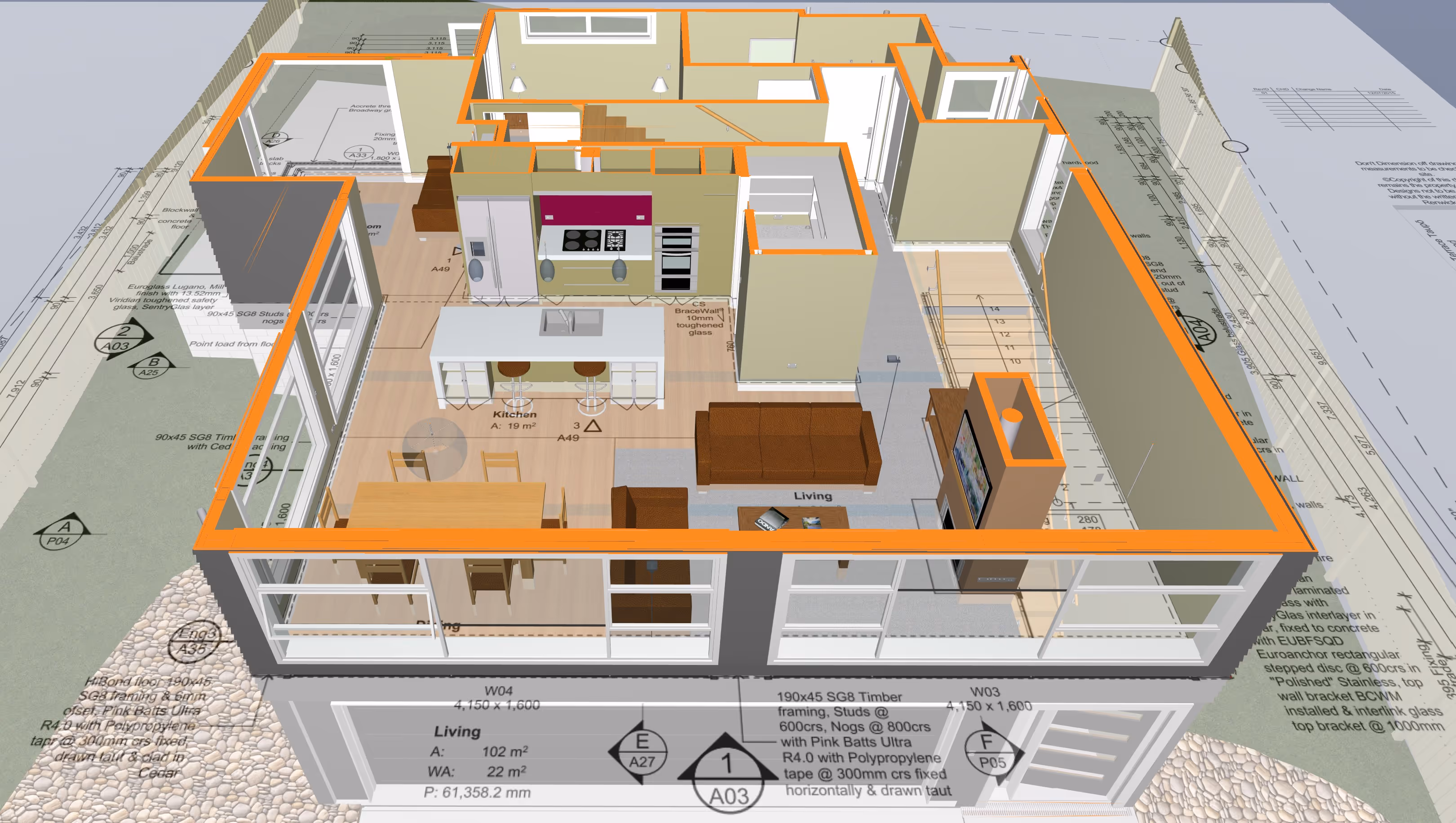 3D architectural floor plan showing an open-concept living area with a kitchen, dining table, and living room furniture including a sofa and TV with fireplace.