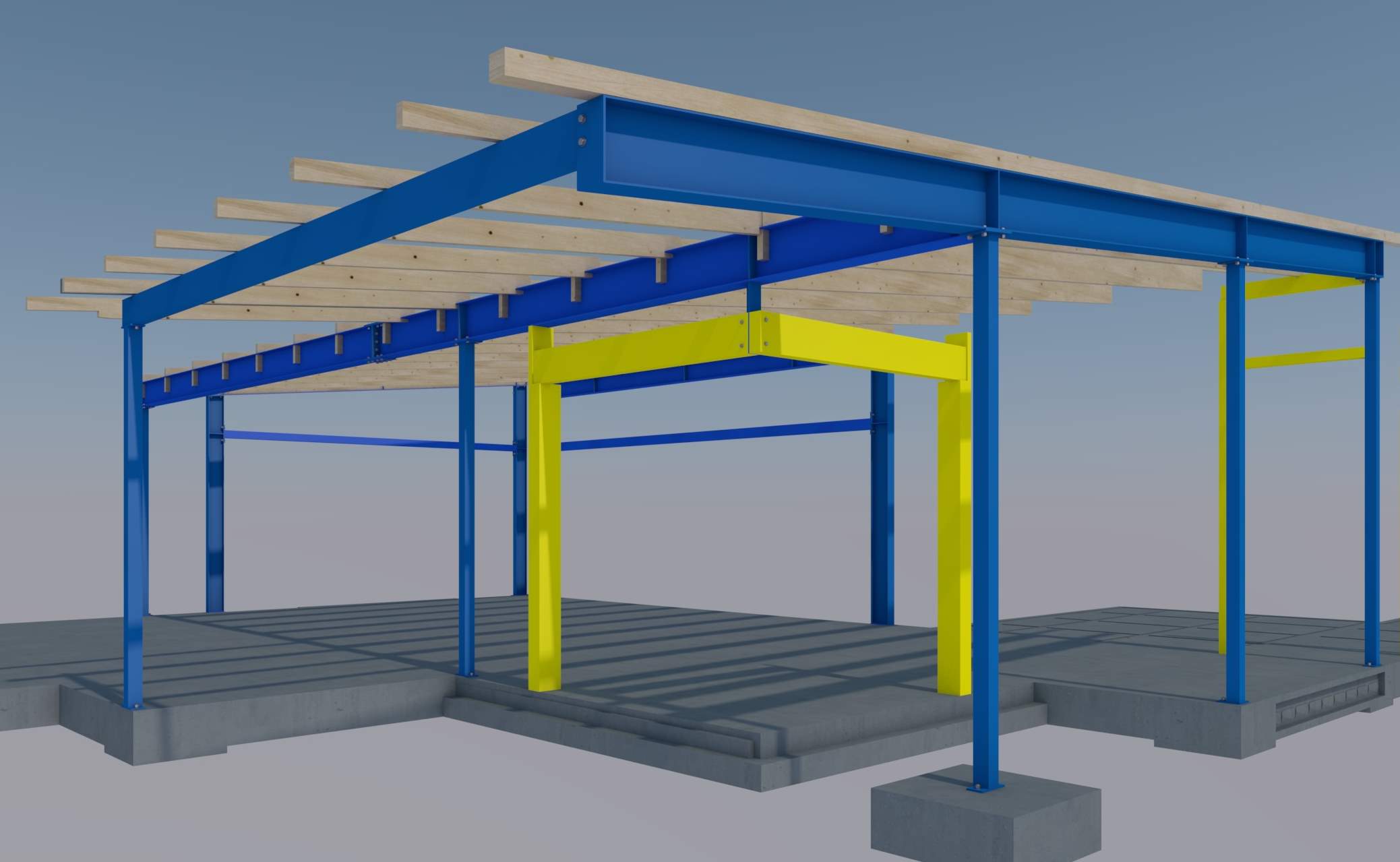 3D model of a building's structural framework with blue steel beams and yellow columns supporting wooden joists over a concrete foundation.