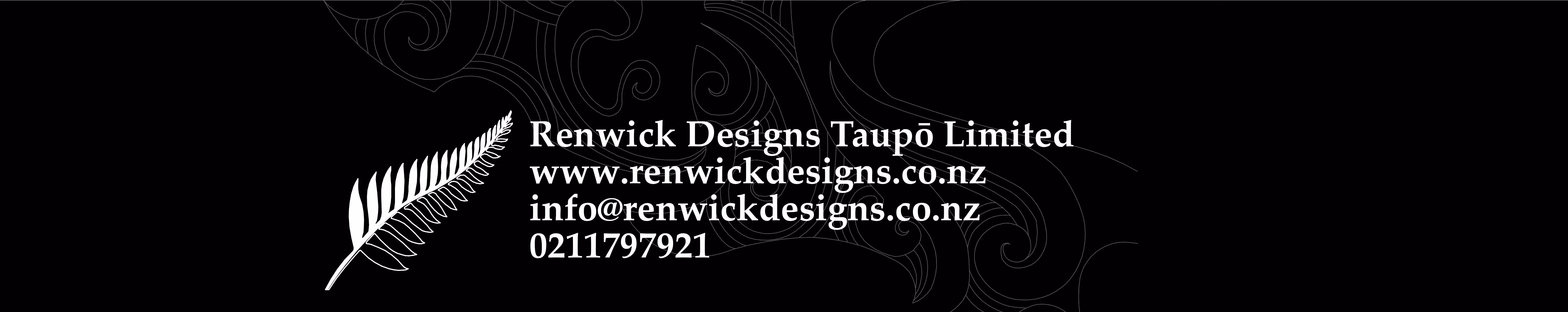 White fern leaf with Renwick Designs Taupō Limited name, website, email, and phone number on black background.