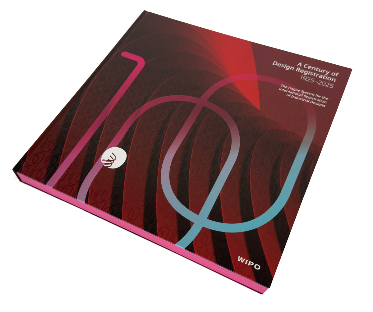 Hardcover book titled 'A Century of Design Registration 1925–2025' with red, black, and gradient pink-blue abstract design, published by WIPO.