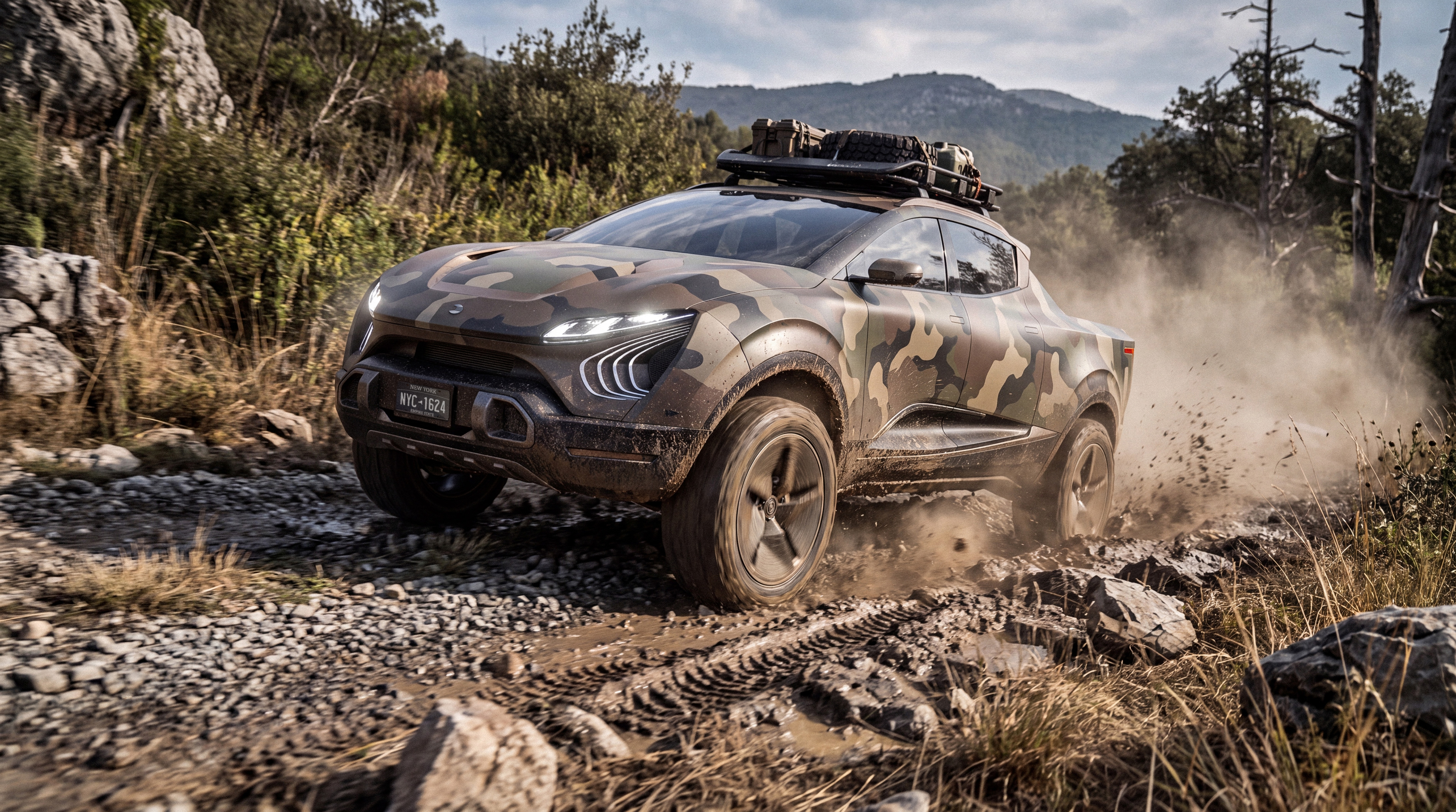 Camouflage QUANT-UP vehicle kicking up dust on rocky dirt trail in a mountainous forest area.