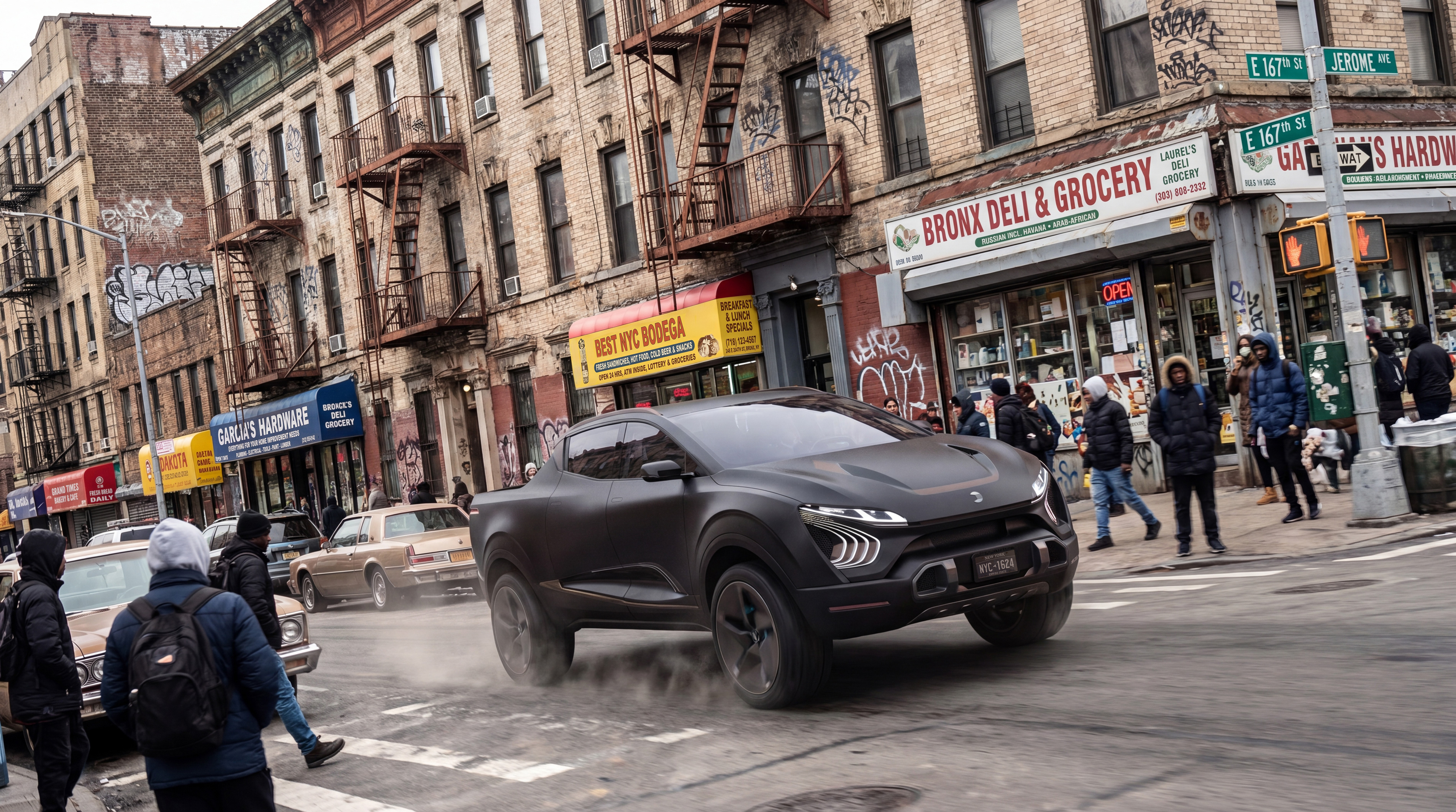 Matte black futuristic QUANT-UP driving on city street with pedestrians and old brick buildings in background.