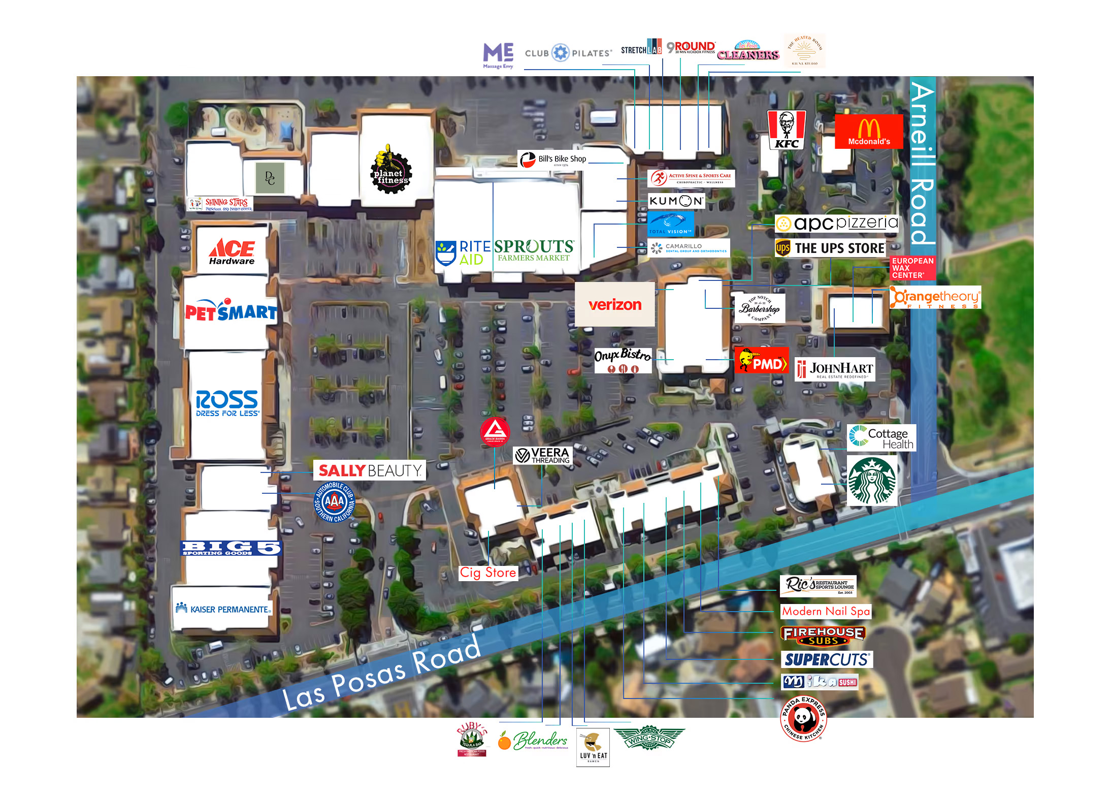 Birds eye view map of Camarillo Village Square shopping center with every business logo showing on each building. 