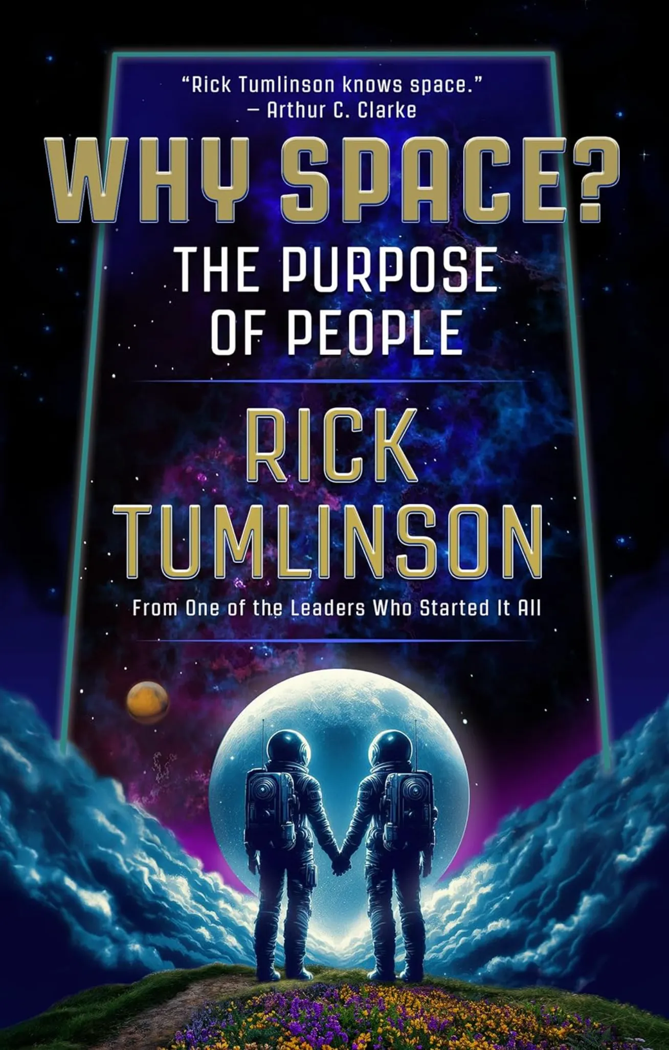 Book cover of "Why Space?" with two astronauts and cosmic background