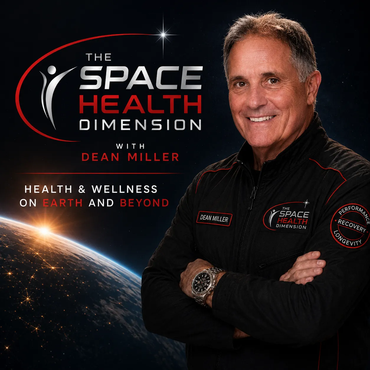 Dean Miller portrait with The Space Health Dimension logo and Earth background