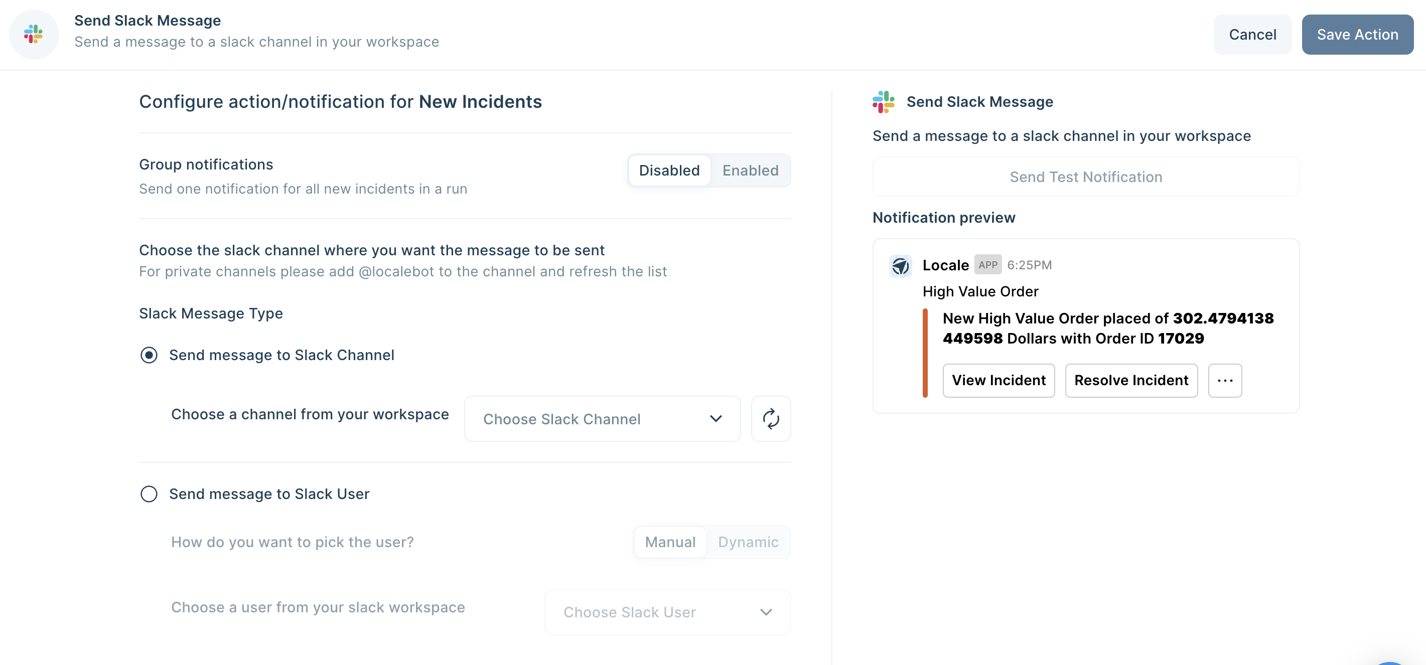 Configuring Slack alerts to define whom to send alerts on Locale