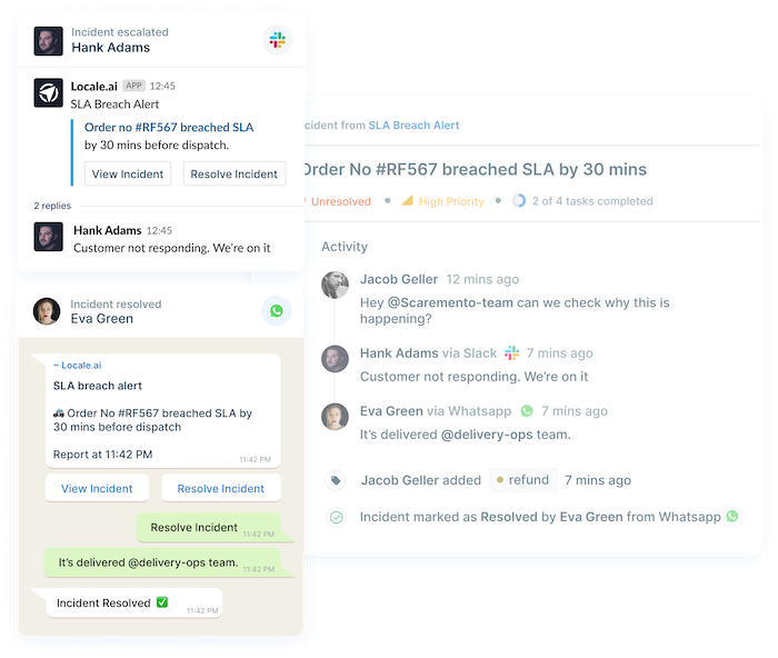 Graphic showing locale's incident alerts on whatsapp and slack