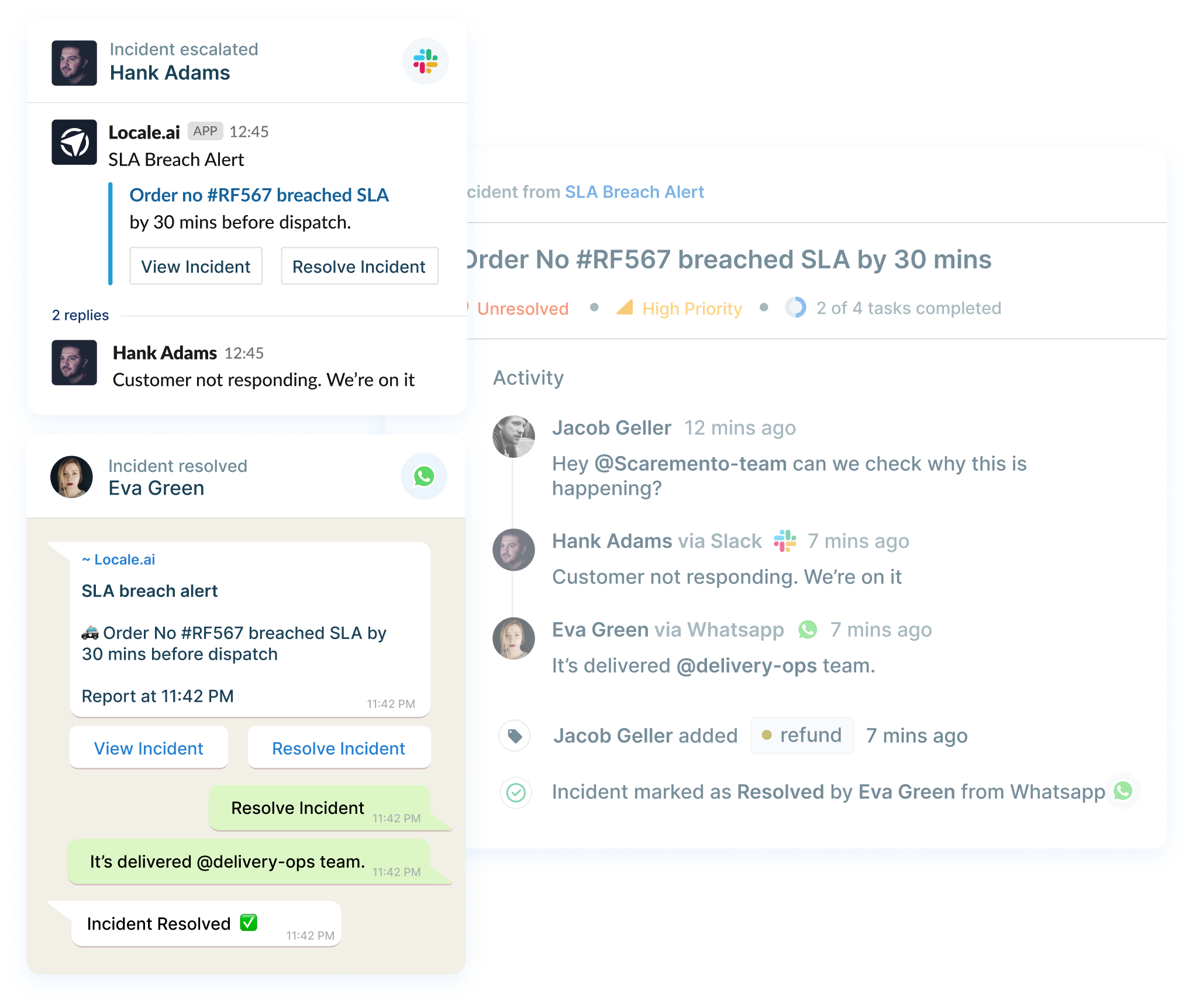 Graphic showing locale's incident alerts on whatsapp and slack