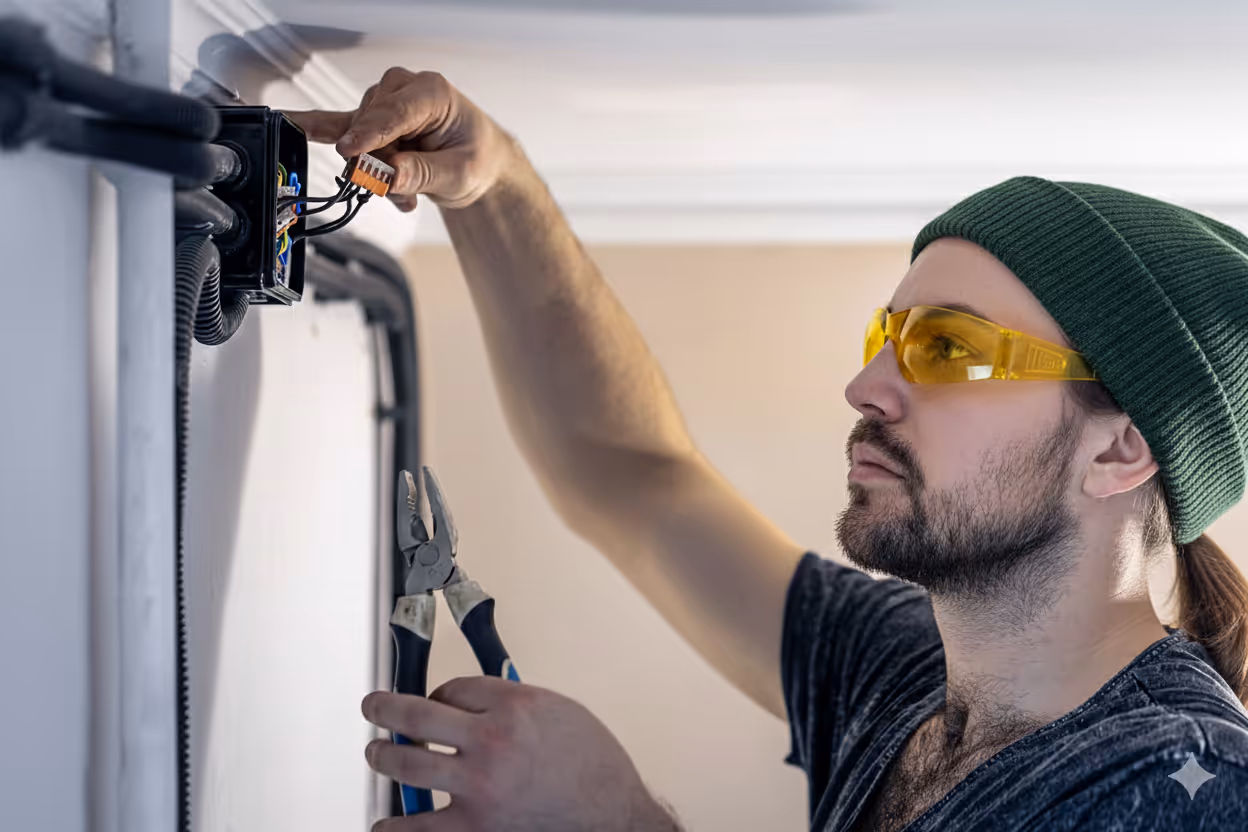 Electrician wearing a green beanie and yellow safety glasses installs wiring in a black electrical box on a white wall.