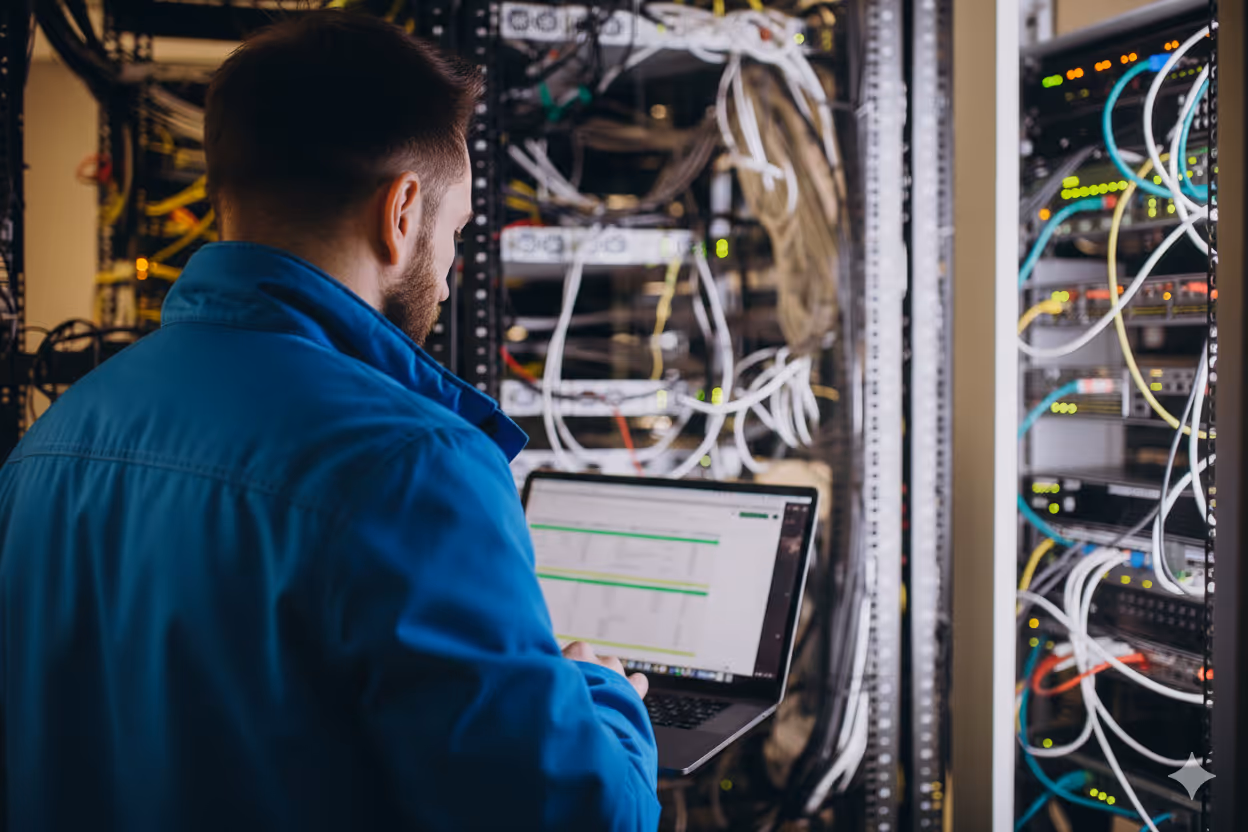 Man in blue jacket working on laptop in a server room with networking cables and equipment.