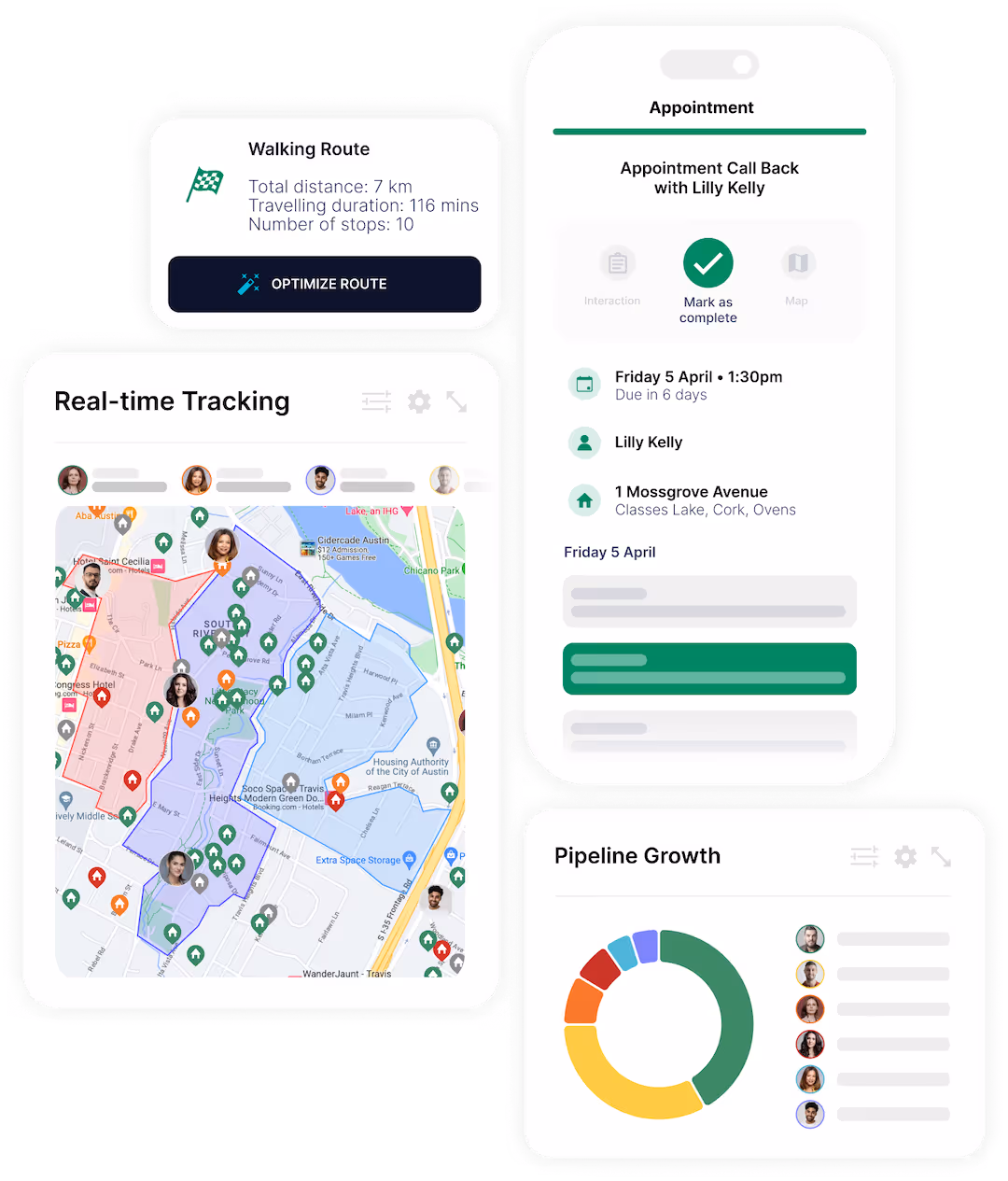 Two dashboard panels: one showing real-time location tracking of team members on a city map, and another displaying pipeline growth as a colorful segmented donut chart with corresponding team member icons.