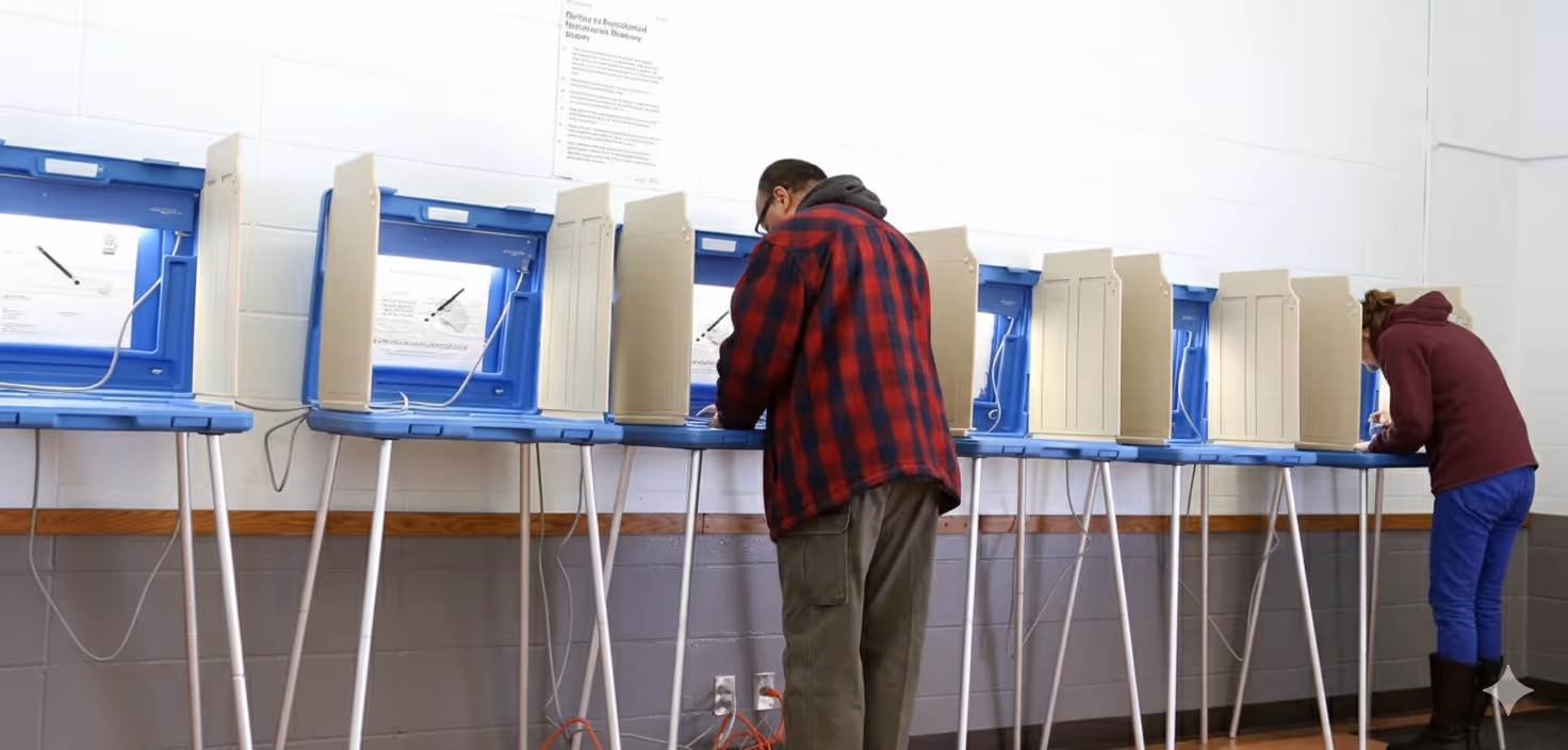 Two people casting ballots at blue voting booths in a polling station with white tiled walls.