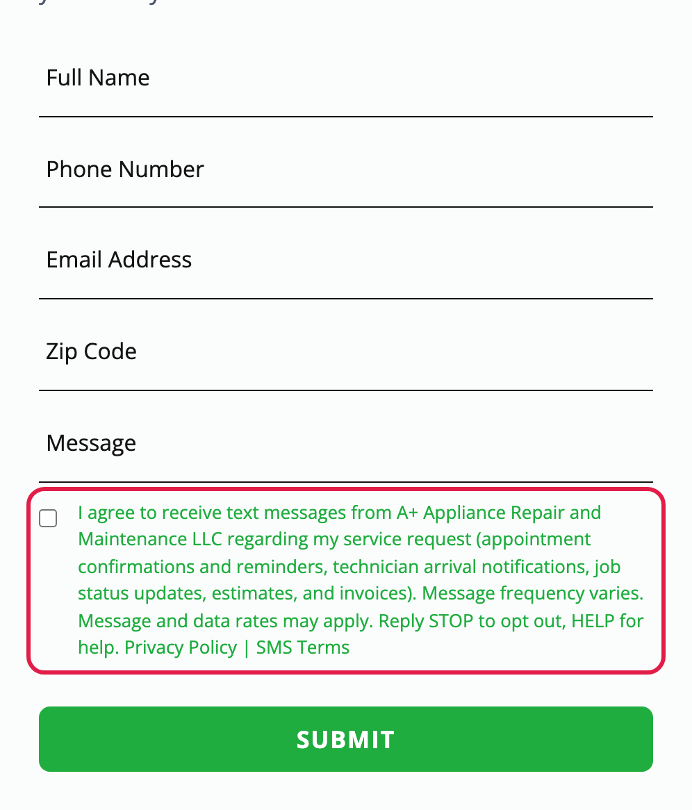 Contact form with the SMS consent checkbox (unchecked by default, optional) highlighted in red, including Privacy Policy and SMS Terms links