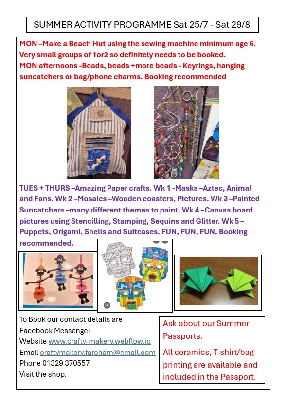 Summer activity flyer detailing craft workshops like beach hut sewing, beads, paper crafts, and painted suncatchers.