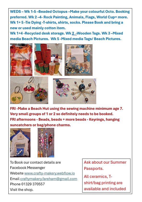 Flyer detailing craft activities like tie dye shirts, rock painting, bead keyrings, with contact info and booking details.