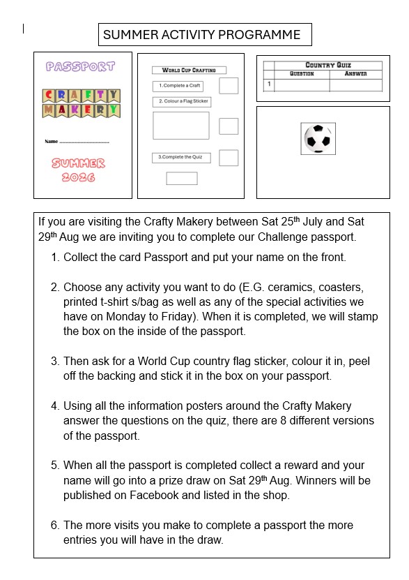Crafty Makery summer passport activity with instructions for completing crafts, quizzes, and rewards.
