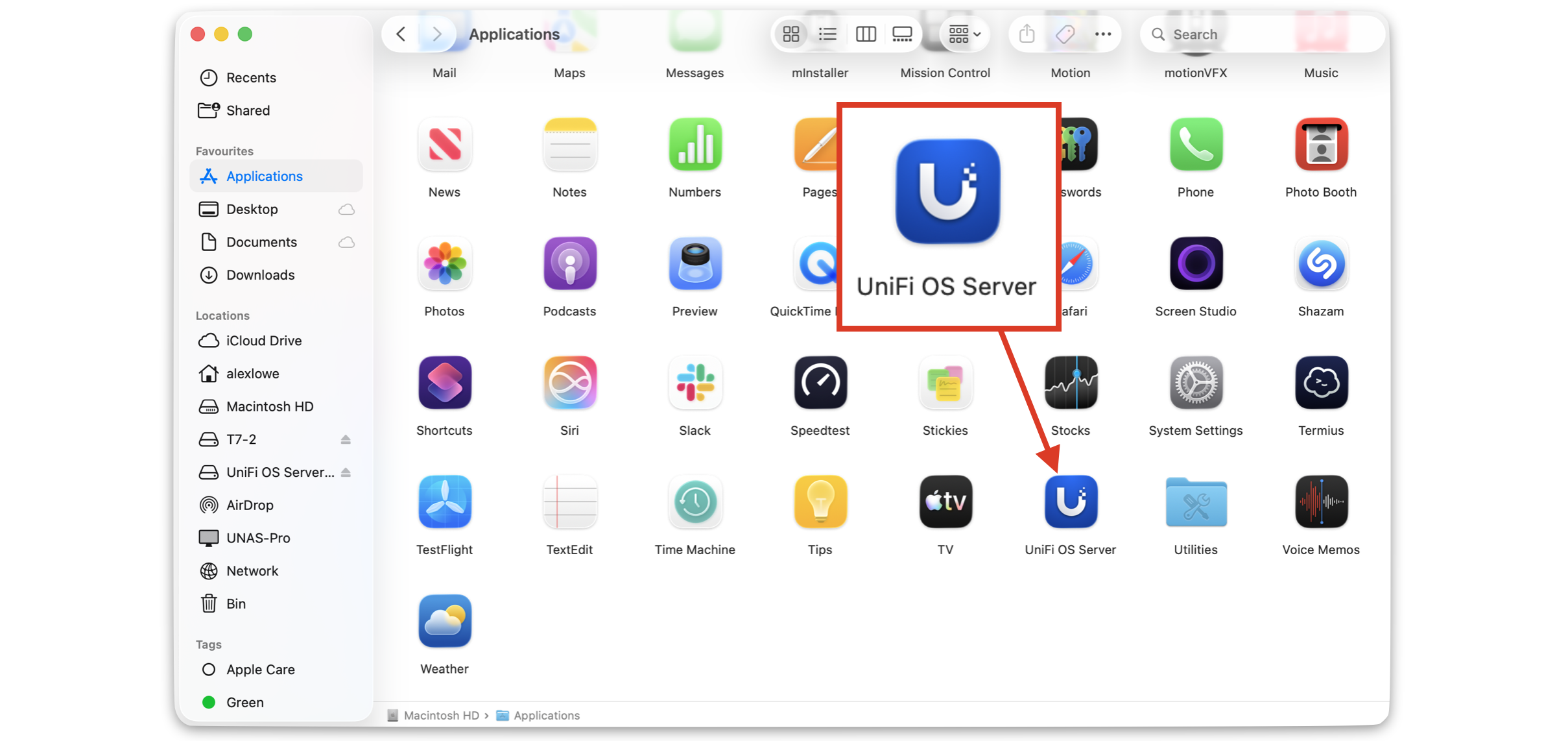 UniFi OS Server application inside the Applications folder on macOS