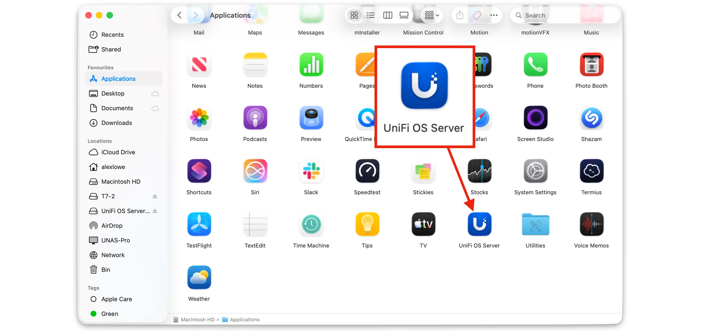 UniFi OS Server application inside the Applications folder on macOS