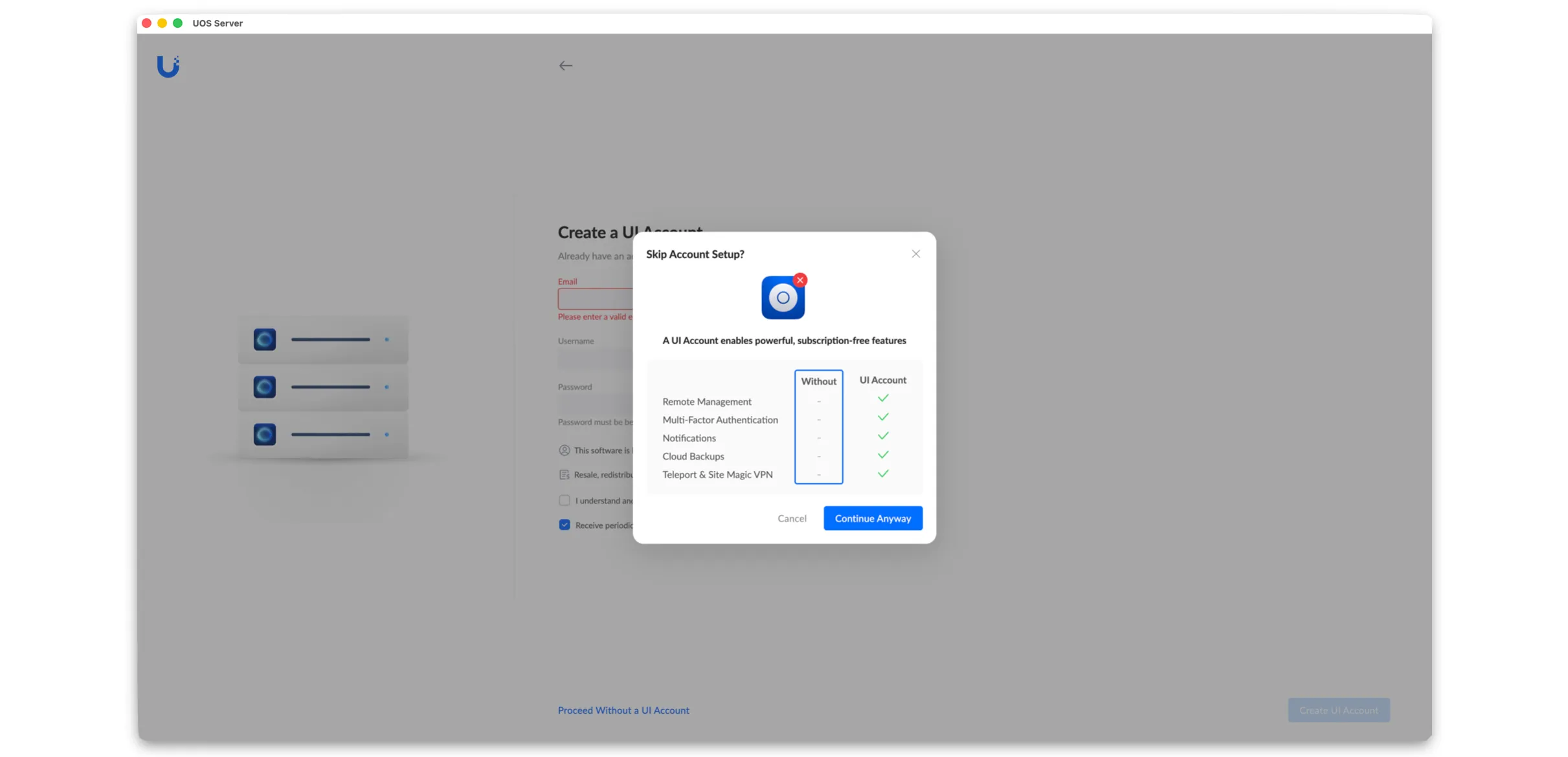 UniFi OS Server use without UI Account macOS