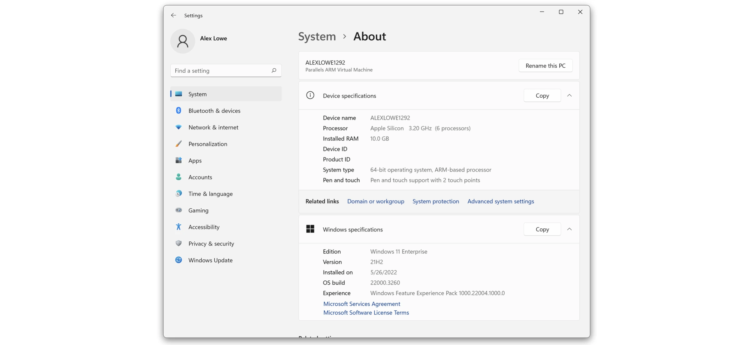 Windows 11 About this PC page on iMac running Parallels