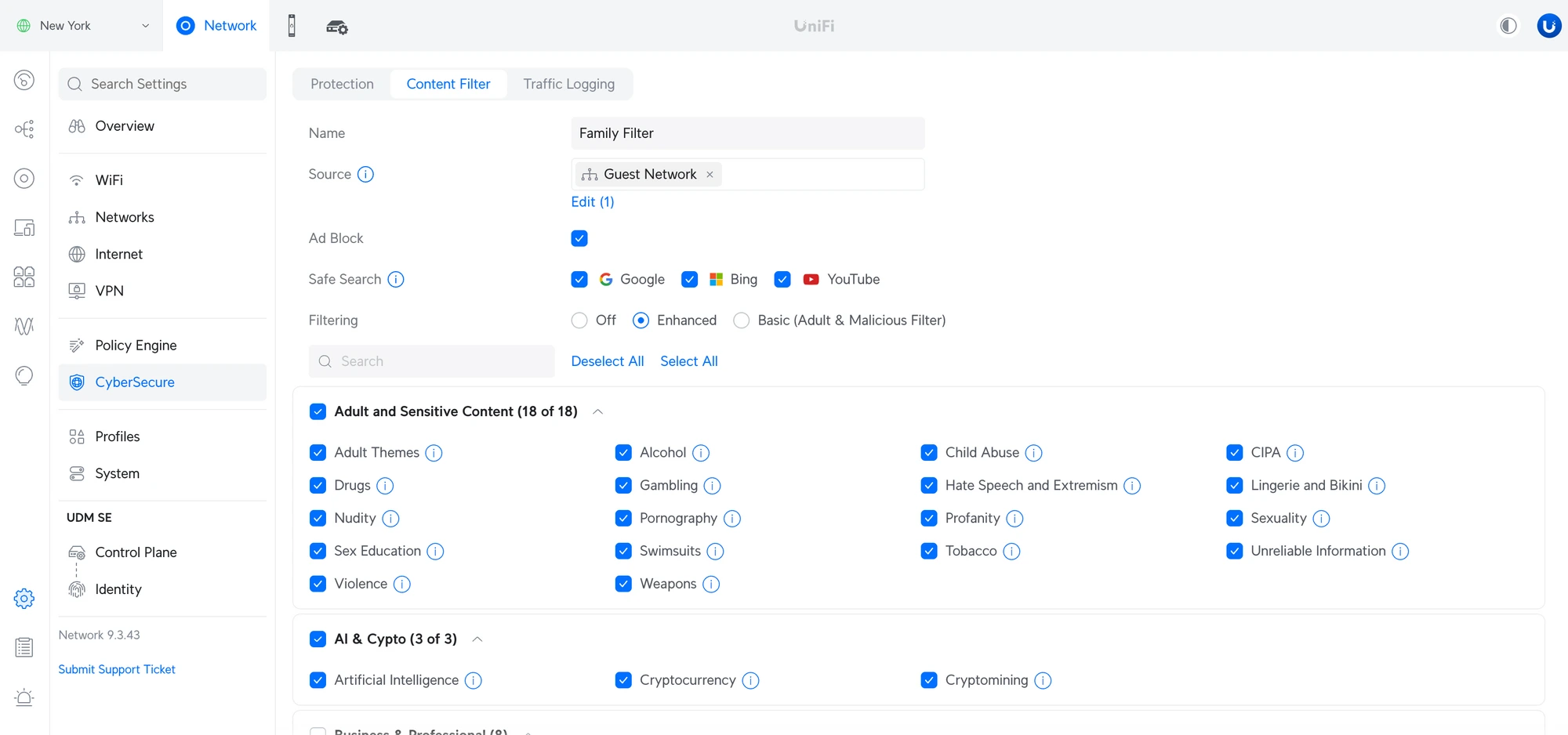 UniFi 9.3.43 Enhanced Content Filtering with CyberSecure and CloudFlare