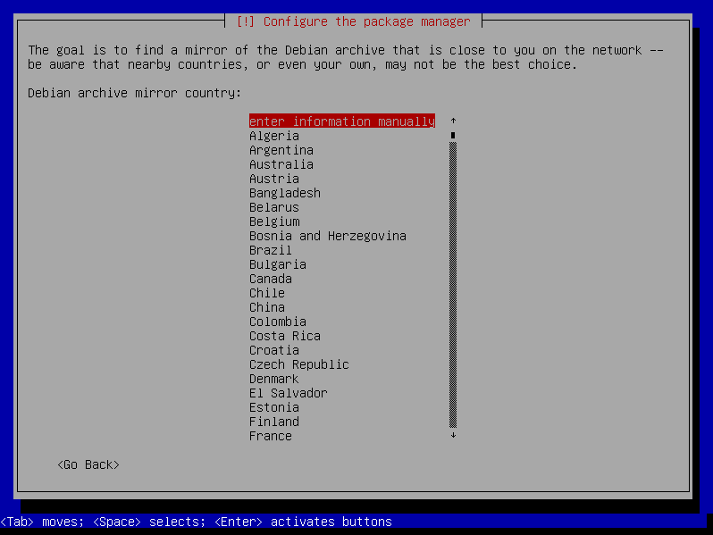 Debian installer mirror country selection