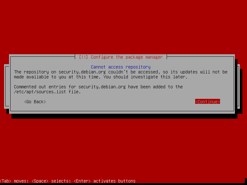 Debian installer security updates warning