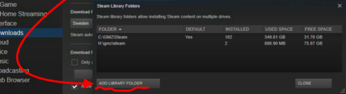 Fönstret där man lägger till en mapp att spara spel i, i Steam.