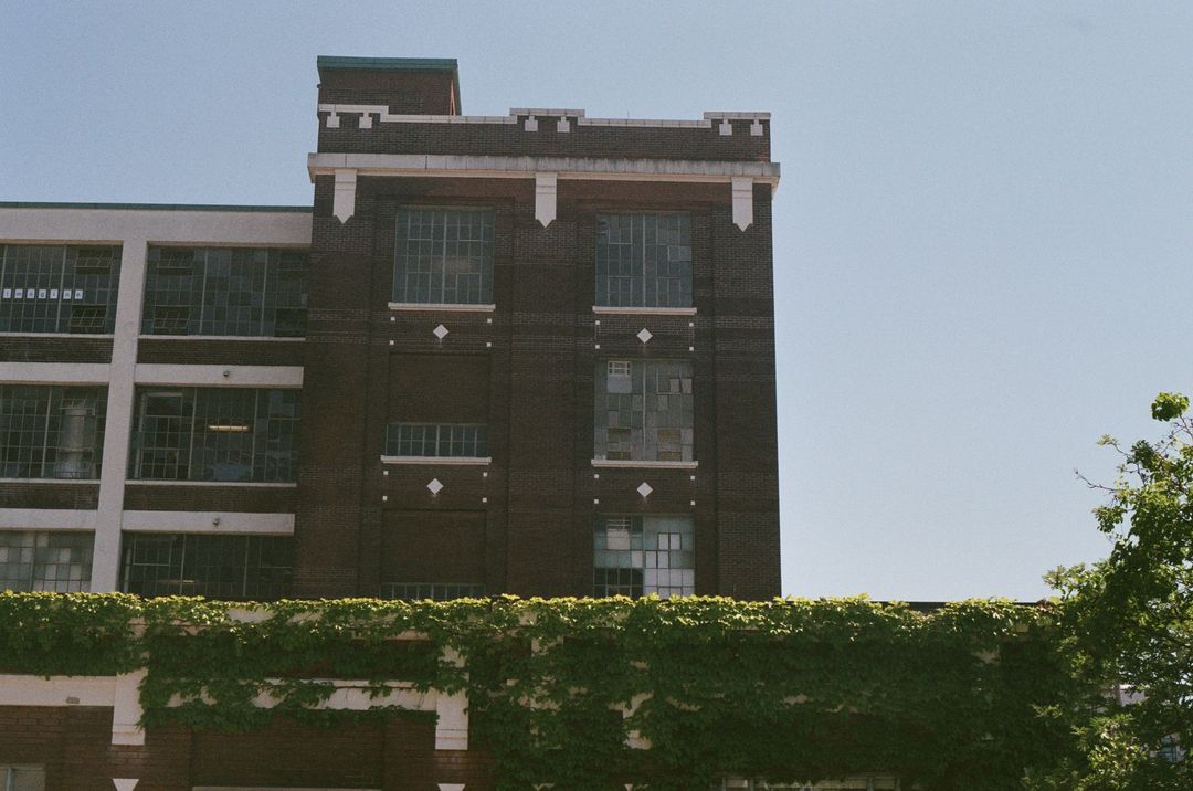 Film photo of the historic brick factory building on Carlaw Avenue