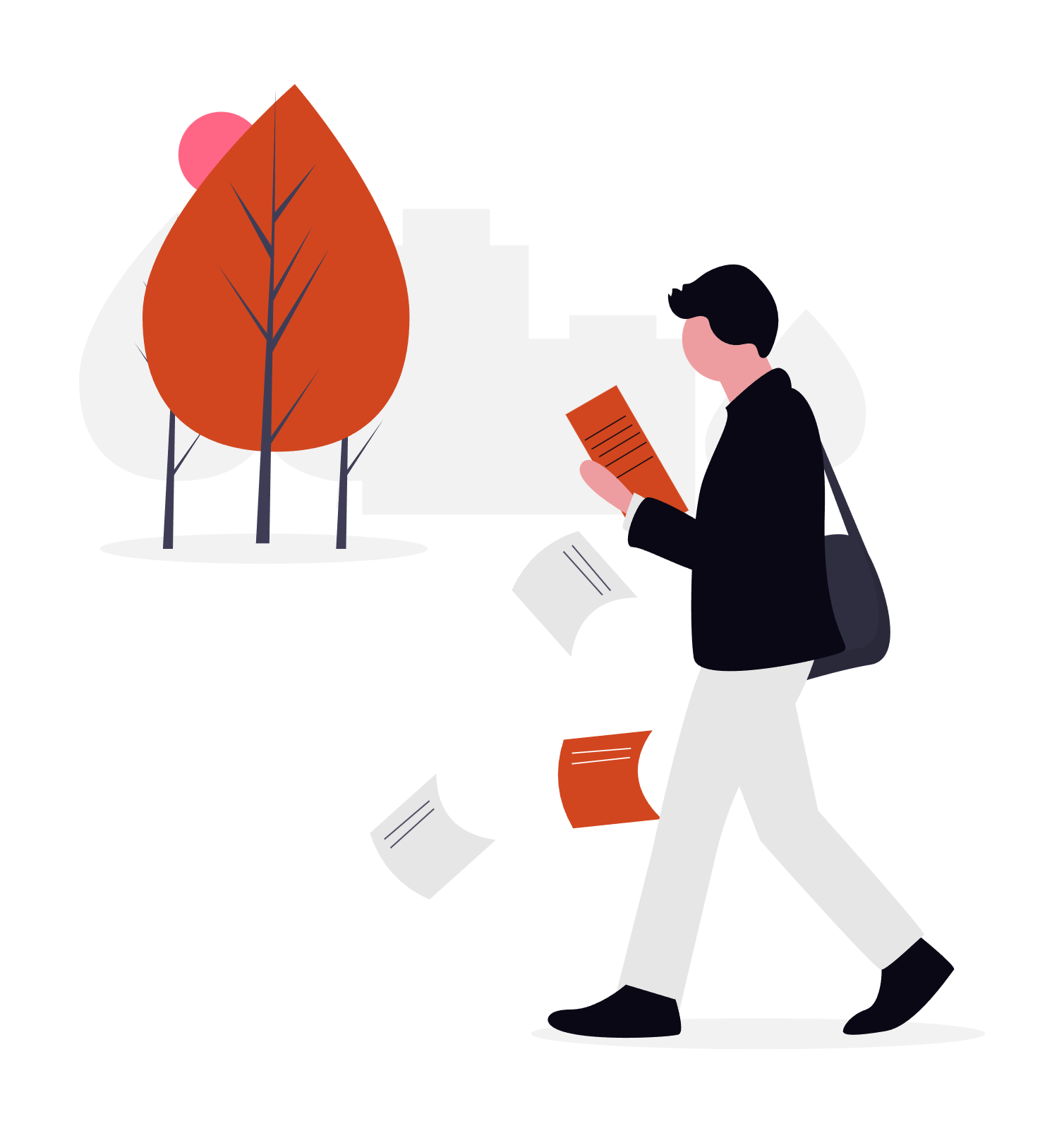 An illustration of a person walking while reading papers