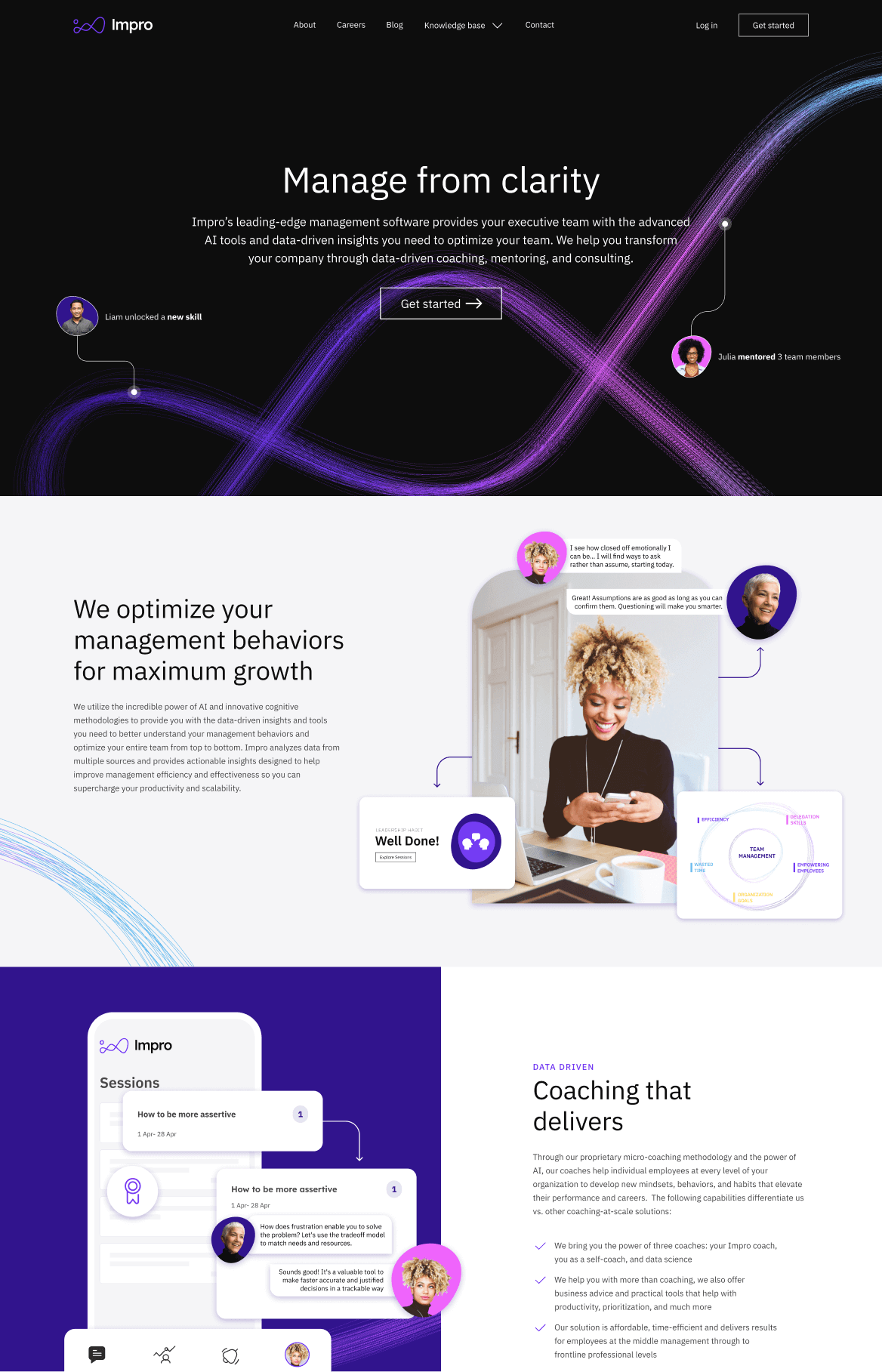To demonstrate how user-friendly and engaging the Impro platform is for every human, our team built various animated parts throughout Impro’s marketing website: simplified product illustrations, product dashboards, and the entire coaching process. Additionally, we designed UI kit components to relevant and corresponding sections of the digital project.