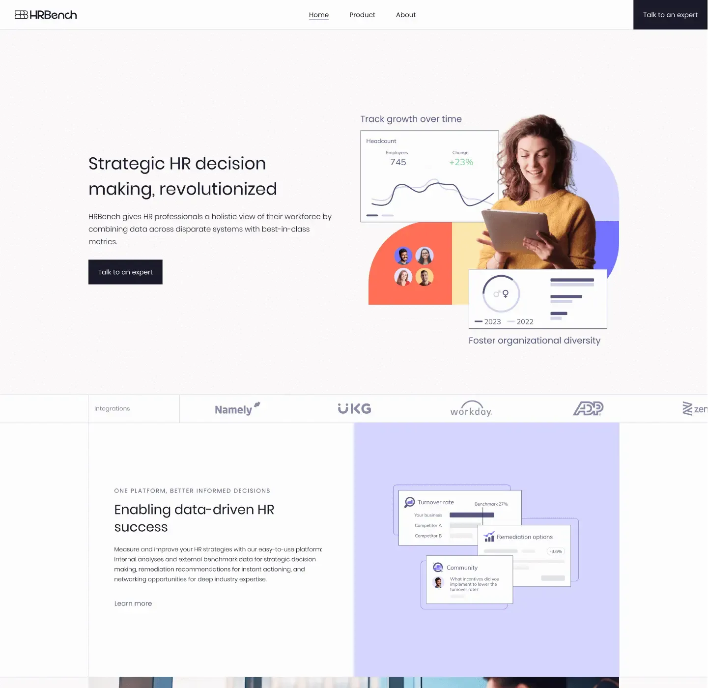 For the website, we developed a concept that blends humans, iconography, and animated illustrations within the HRBench color palette. With its clear structure, it is straightforward enough to be easy to grasp and innovative enough to communicate a quick and modern business. This should also be reflected in the verbal identity. For this purpose, when drafting the website copy, we had in mind the brand personality and the goal of communicating an approachable, yet professional company. The last step was the development of a fast, responsive, and user-centric website for the tech startup. With the launch of their website, HRBench is now ready to make their mark in the HR tech sector. 