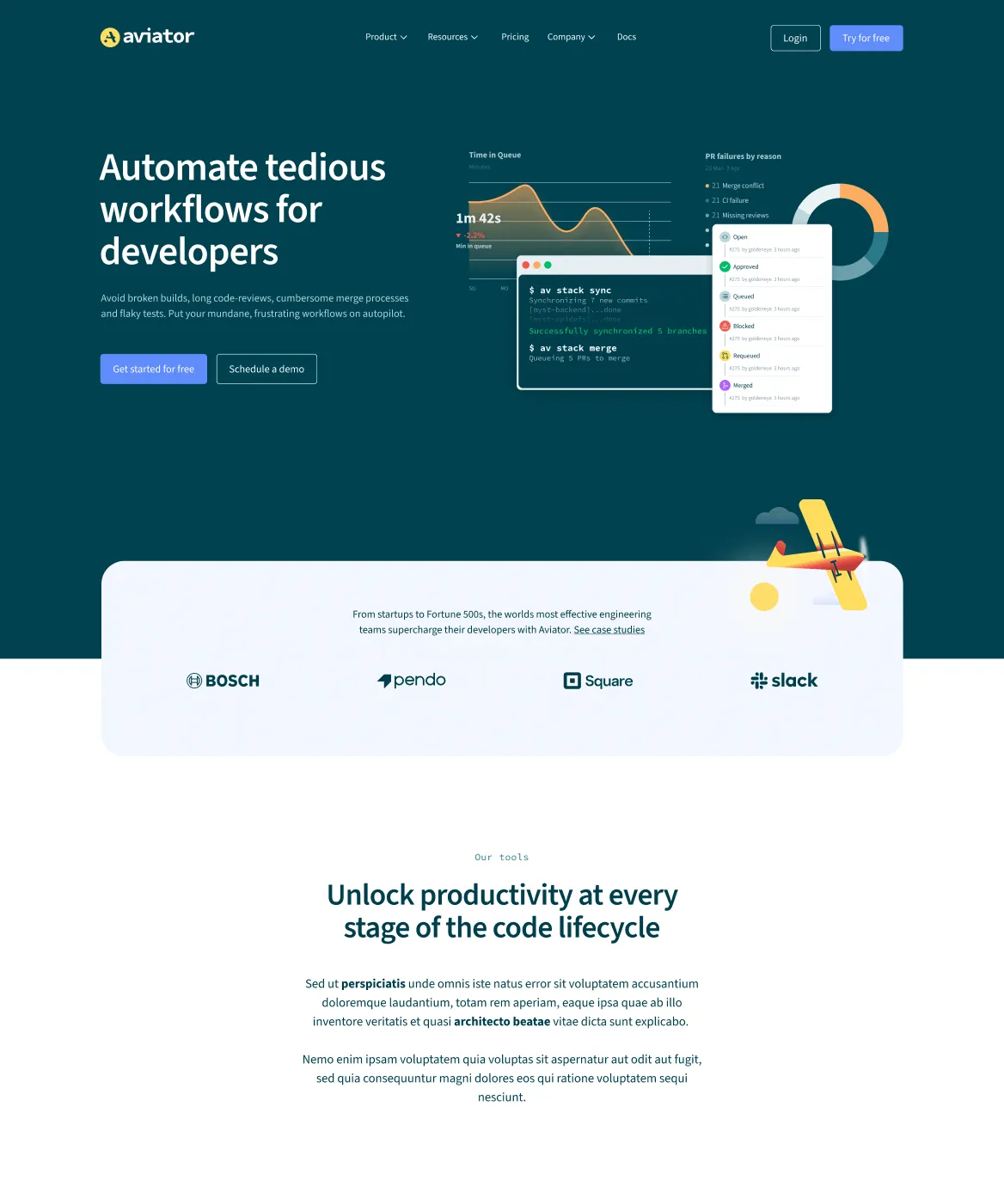 To demonstrate how customer-centric Aviator’s platform is, our team integrated various animated elements throughout their website. The highlight is a visual interpretation of the main steps in which Aviator helps simplify and improve workflows with their respective tools. It consists of a plane on a runway which symbolizes a timeline flanked by a set of illustrations demonstrating a before and after scenario.