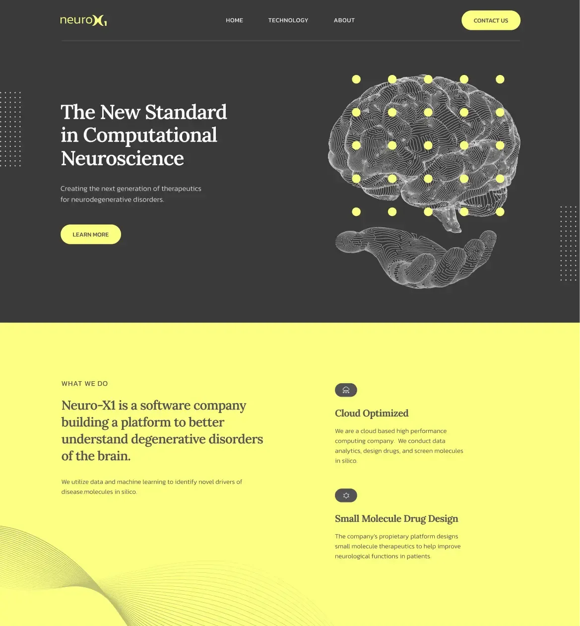 The aim of NeuroX1’s website was to inform patients with neurodegenerative diseases about this new technology and motivate them to take part in their tests, as well as drawing potential investors and candidates. We used high-contrast sections and small animations across the web design to engage users.
