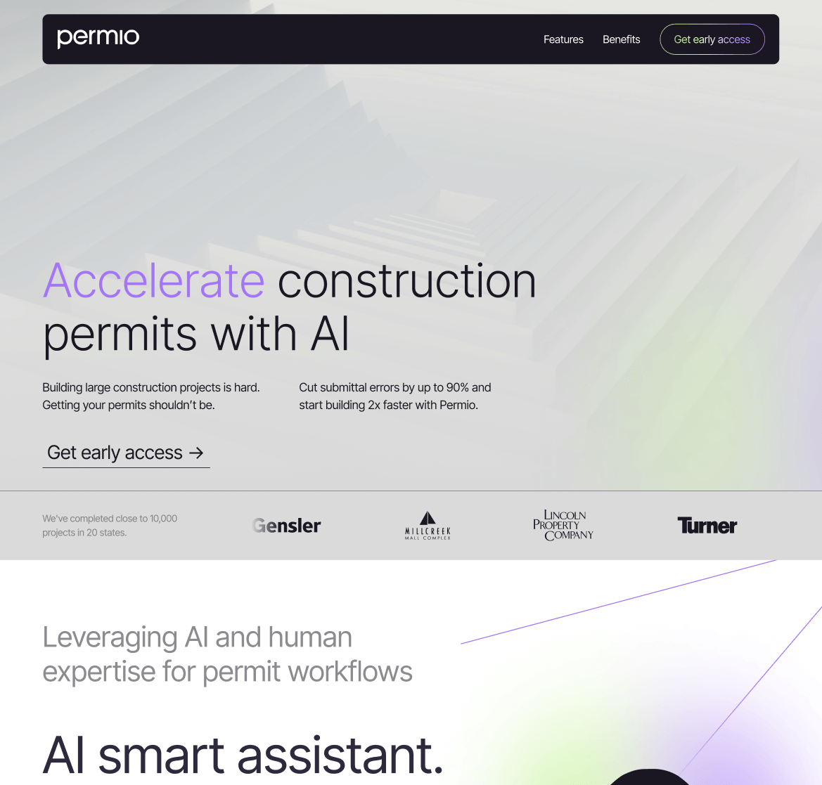 Permio's web is characterized by engaging movements, vivid colors, and a blocky structure reminding of the construction industry. The above-the-fold in the form of a 3D video render presents abstract architecture, conveying the idea of dynamic movement and the construction of a building. Across the landing page, animations and UI elements depict the product's features, including the dashboard and its AI smart assistant, in an easy-to-understand way. Visual and verbal identity match perfectly, both bold yet approachable. Large headings create impact and mouseovers highlight important information with a smooth gradient animation. 