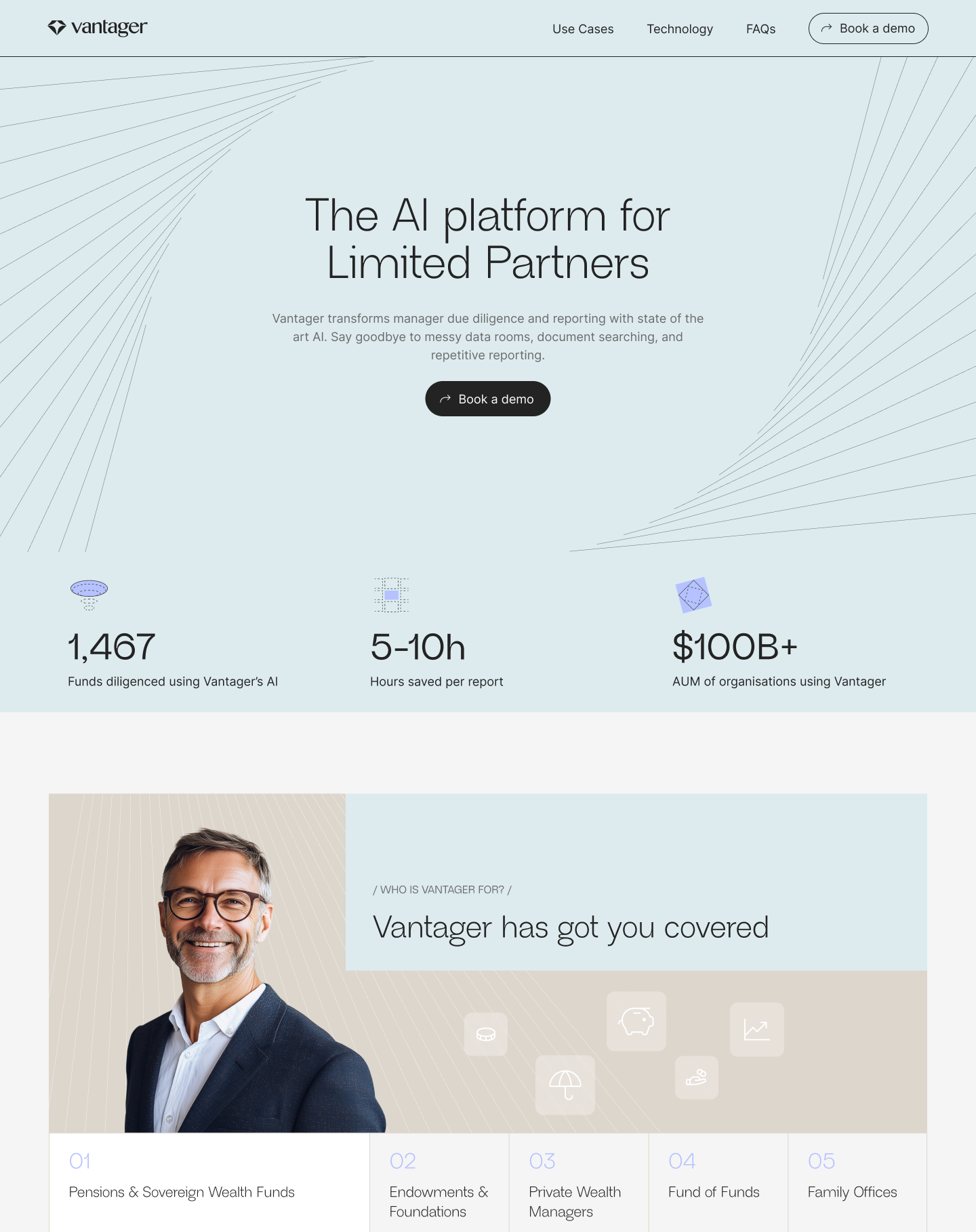 Vantager's web is clean and direct. Animated straight lines move around the heading in the above-the-fold section, guiding users' attention towards the text. The light and pastel background of the landing page is easy for the eye; colorful highlights in the illustrations and the CTA section add innovation. 