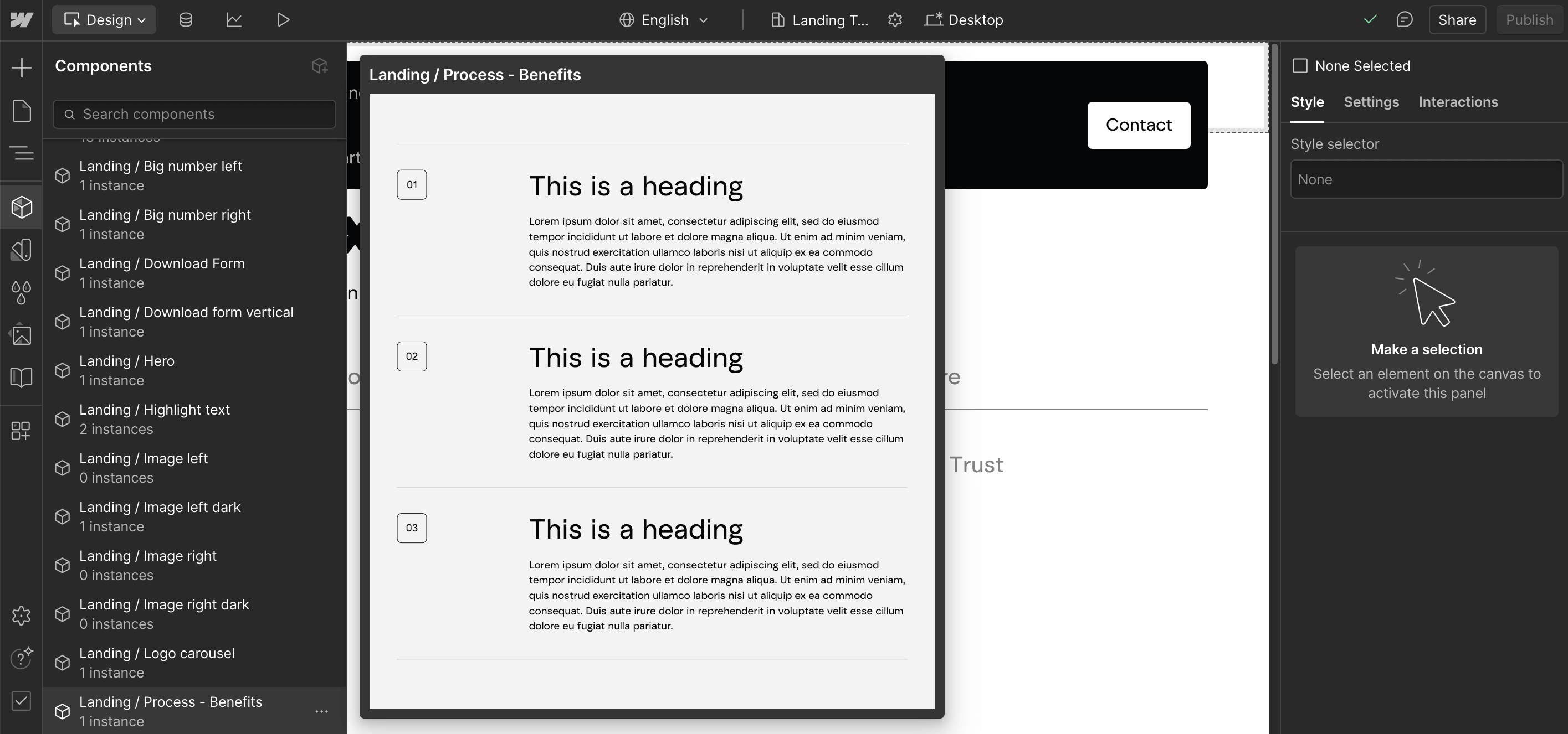 screenshot of example of landing page components in webflow