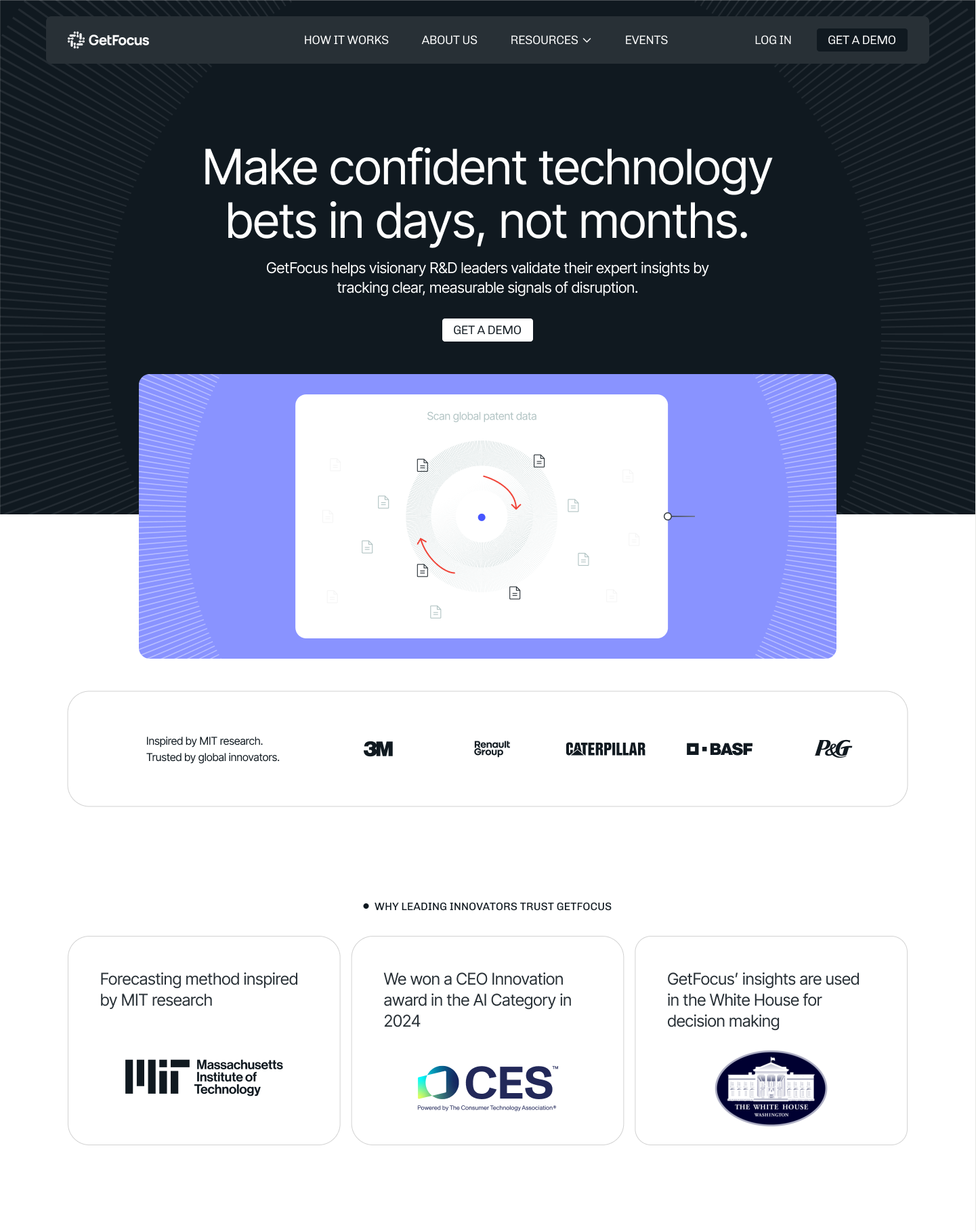 Upon entering the SaaS startup's homepage, users see an engaging above-the-fold section that clearly explains GetFocus's value proposition. A video with animated illustrations demonstrates how the AI solution helps R&D teams make better, faster decisions. While the top section uses bolder colors to attract attention, the rest of the website is sleek and clean. The white background provides space for neat illustrations and simplified UI elements, with icons and KPIs acting as colorful highlights.