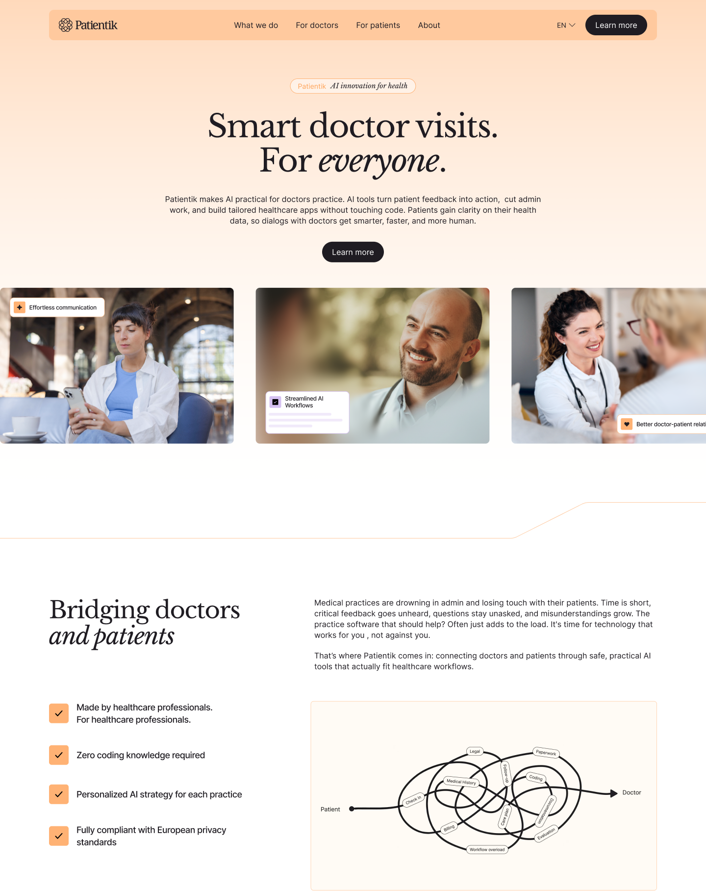 The website presents the health tech startup through an approachable and structured visual experience. Soft pastel backgrounds create a calm atmosphere, while strong typographic contrasts guide attention through the page. Patientik’s visual identity communicates a trustworthy, human-centered brand that still reflects the technological precision of an AI-driven healthcare solution.