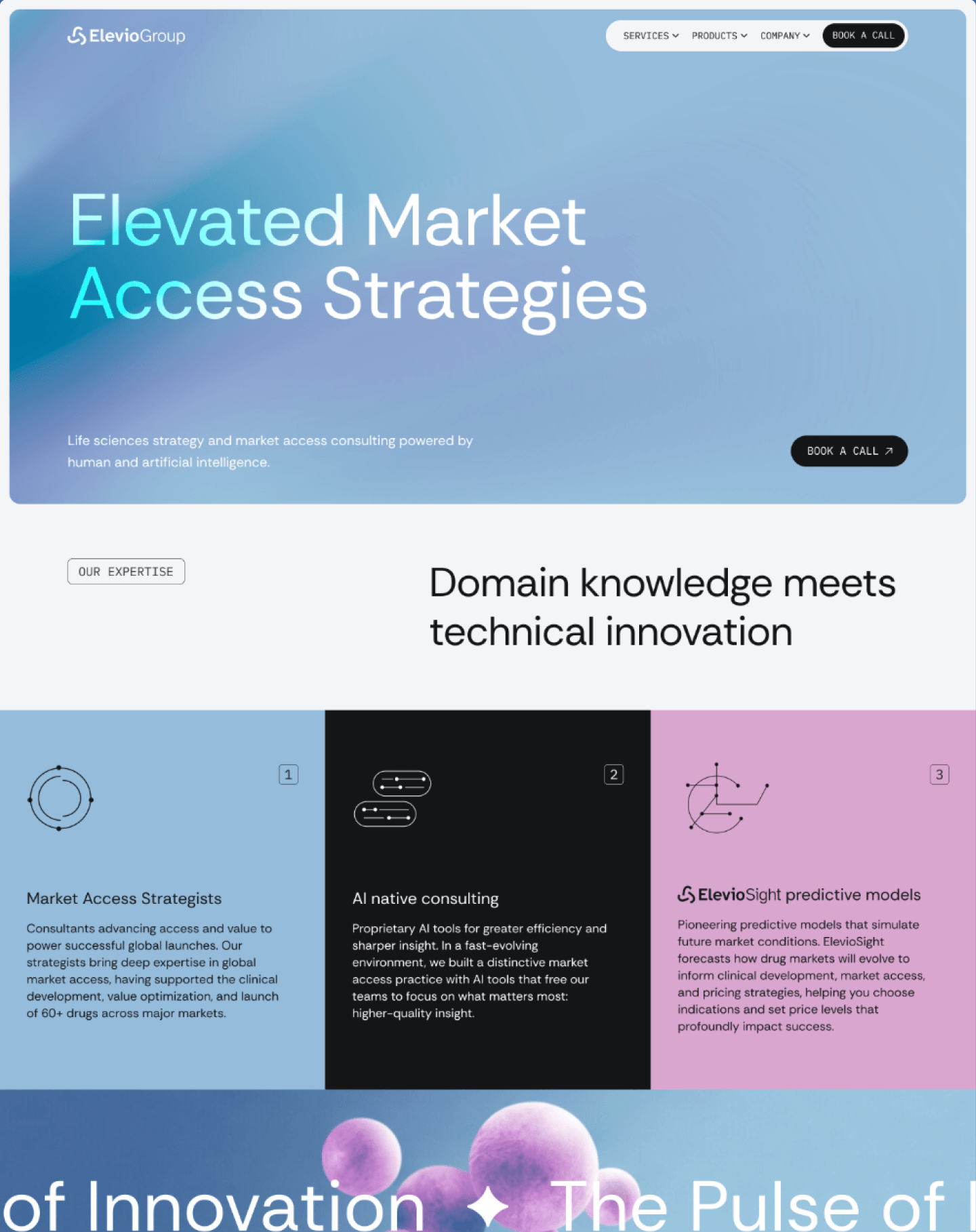 Elevio's web design is clean yet inspirational. Blue and pink bring dynamism and a human flair; black and white ground the content in the business context. Subtle hover animations add interactivity and keep visitors engaged.