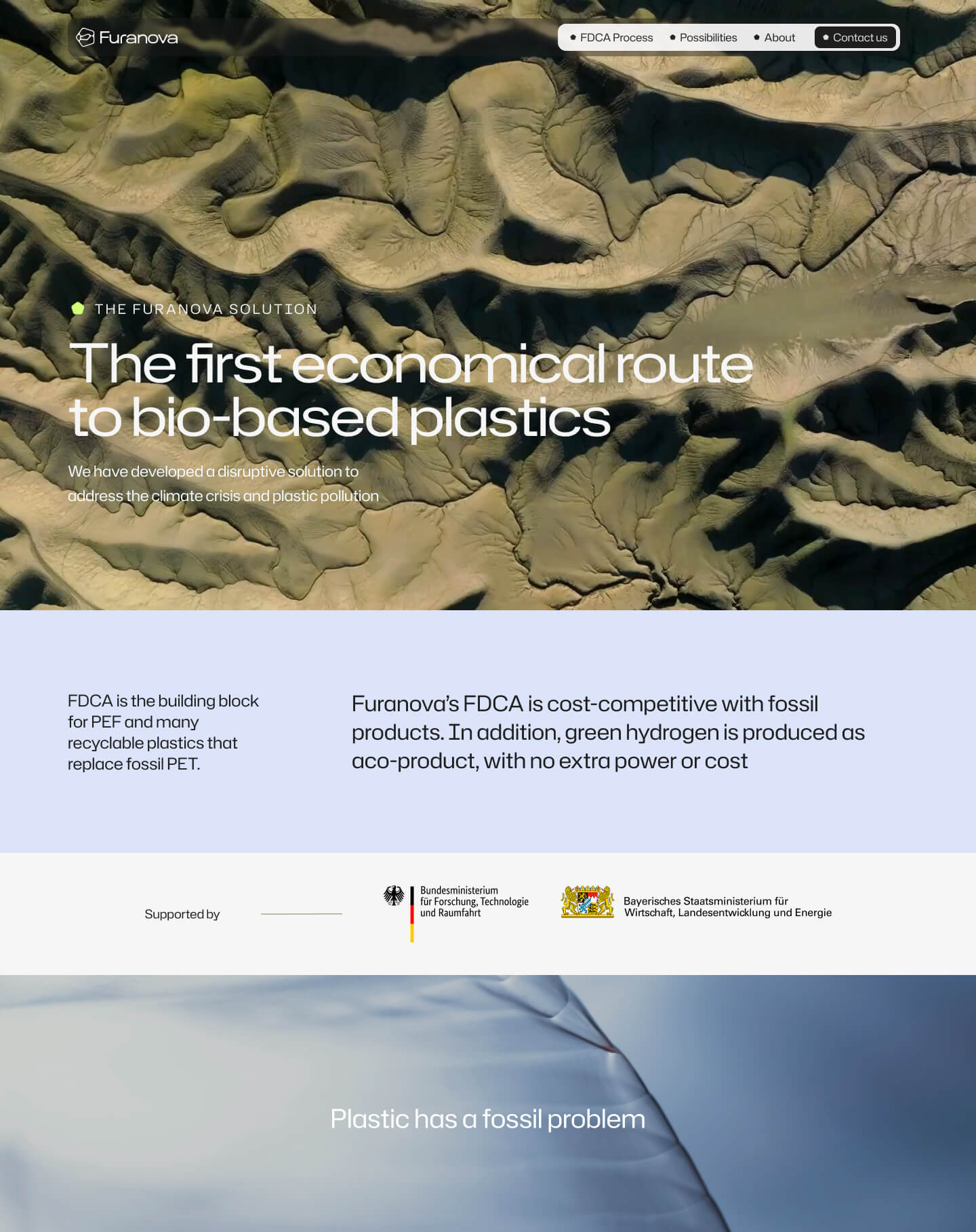 Furanova's website is built on scrollytelling. The landing page's job is to build trust in the science, so it centers on Furanova's process and its value, told clearly and kept engaging. Clean illustrations and a strong photographic language build credibility; scroll-triggered animations keep the reader moving. From the hero to the footer, the page reads as one continuous story about the value of Furanova's FDCA process.
